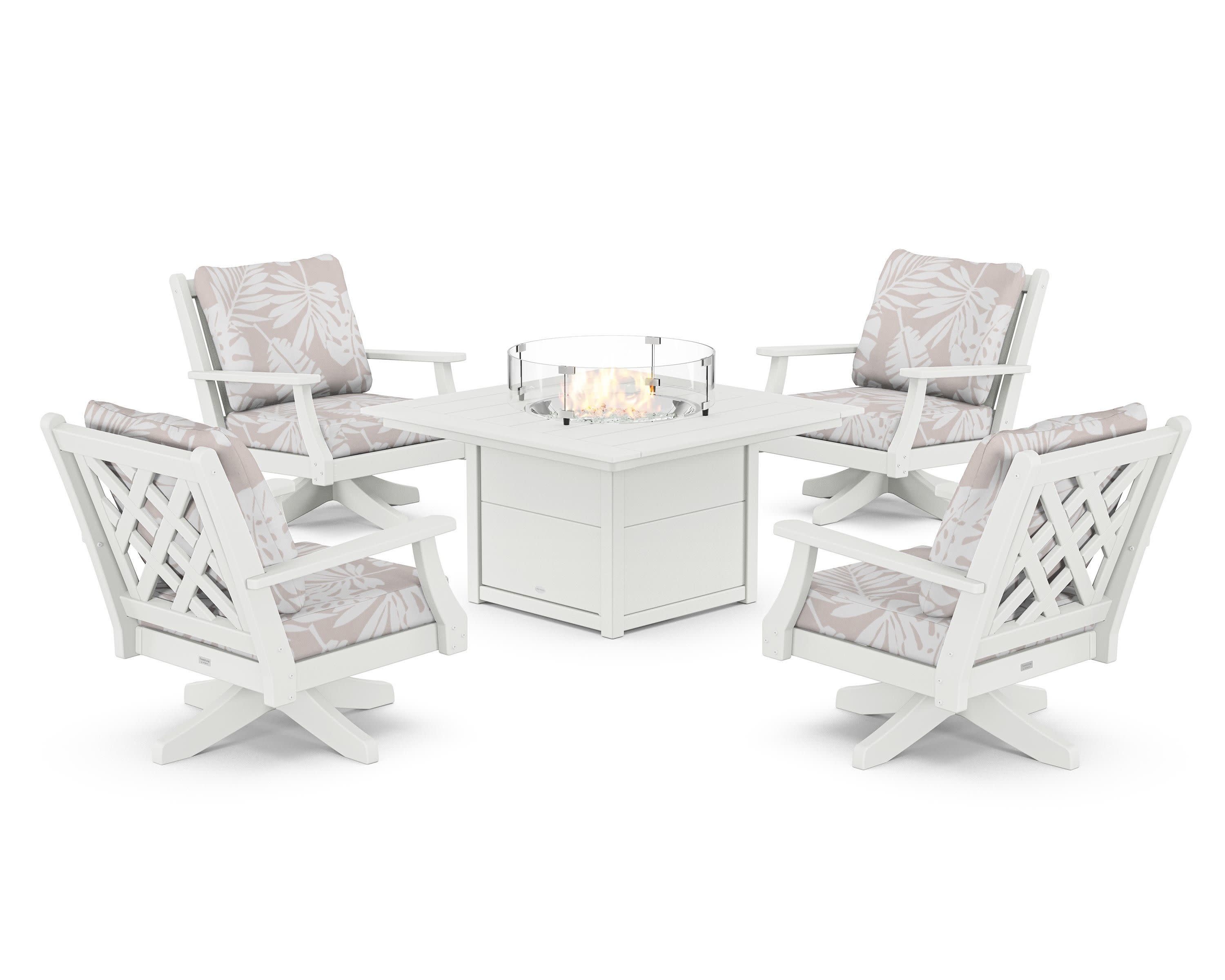 Wovendale 5-Piece Deep Seating Swivel Conversation Set with Fire Pit Table in White / Leaf Dune Burlap