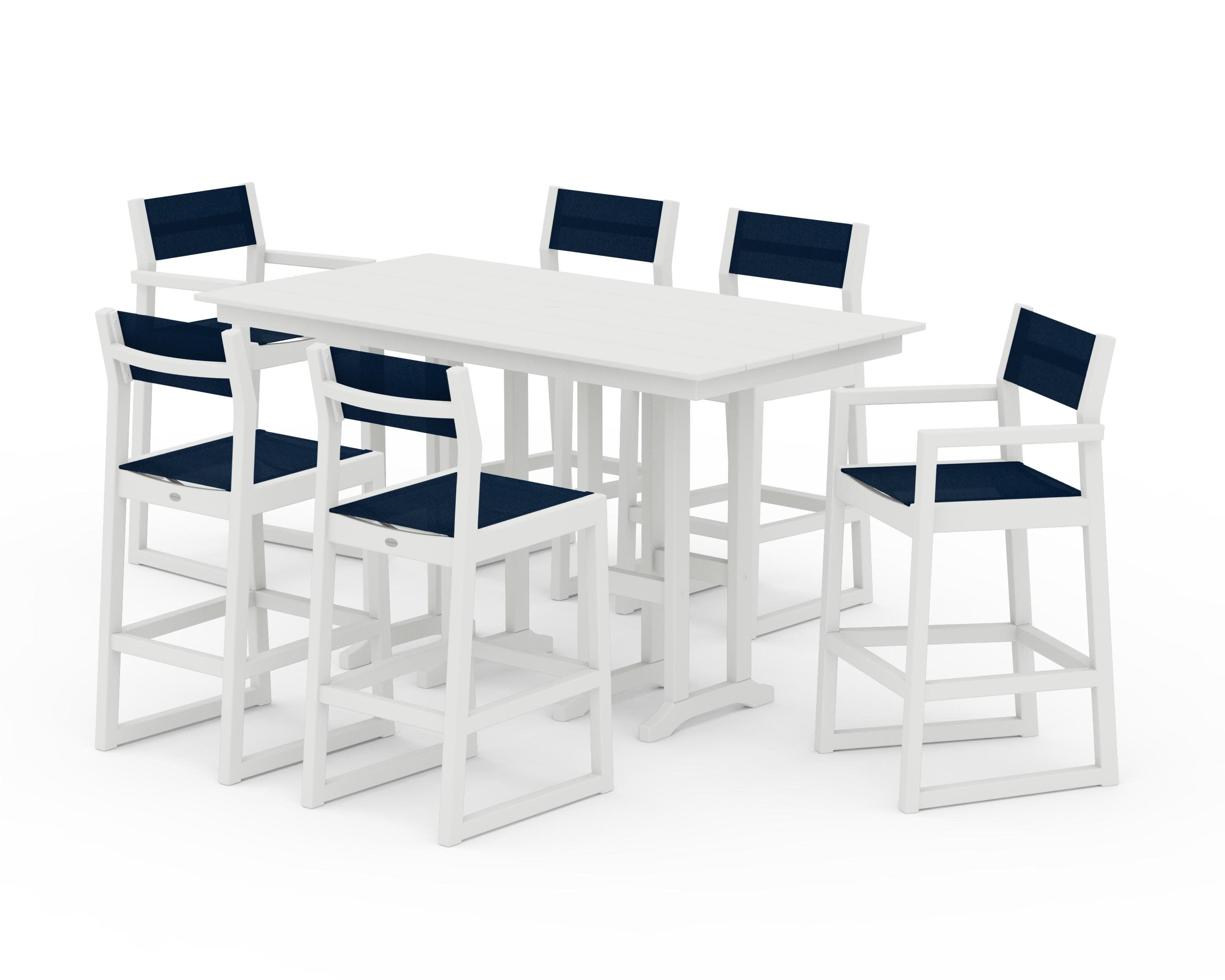 EDGE Sling 7-Piece Farmhouse Bar Set in White / Navy Blue Sling