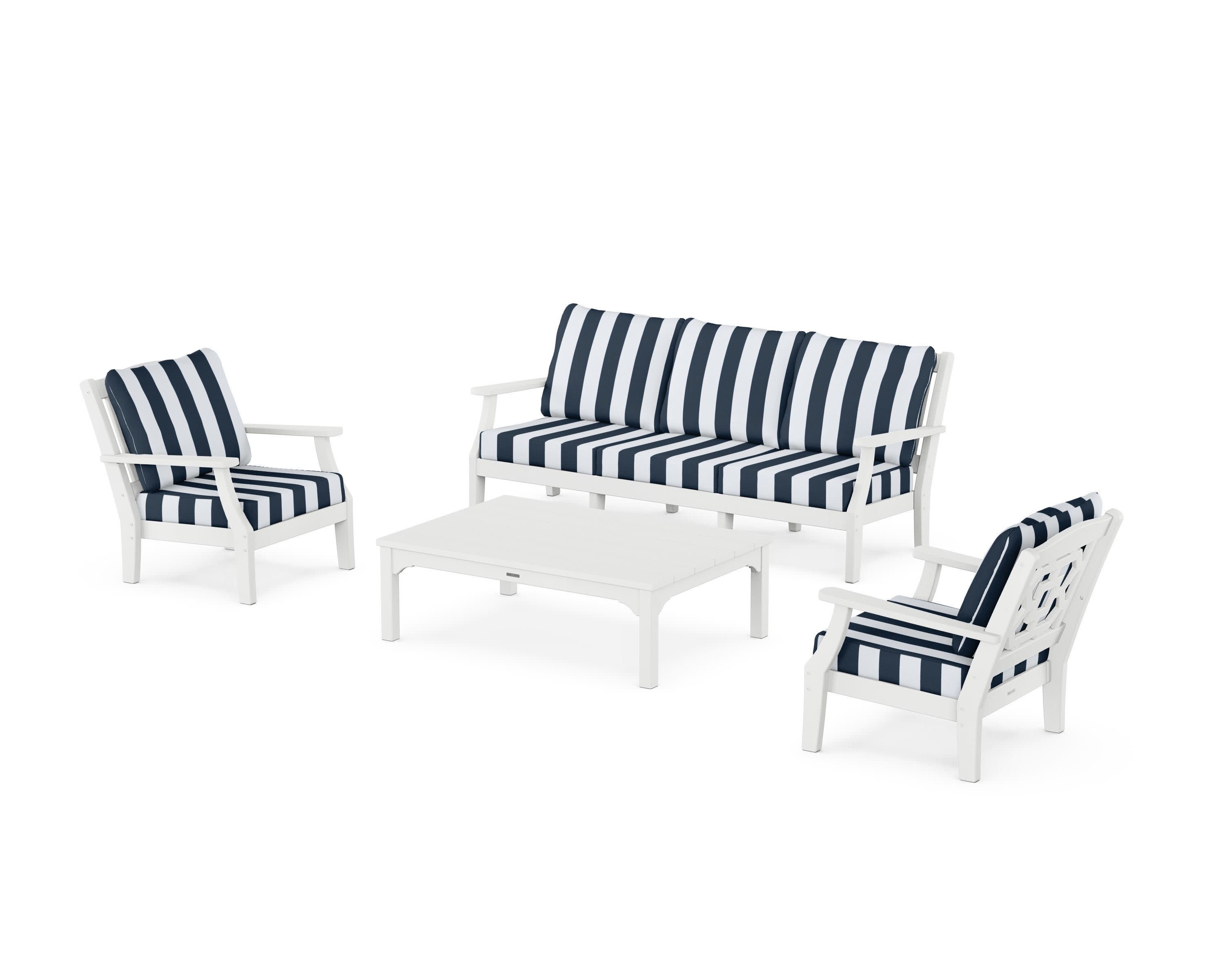 Chinoiserie 4-Piece Deep Seating Set with Sofa in White / Cabana Stripe Marine Indigo