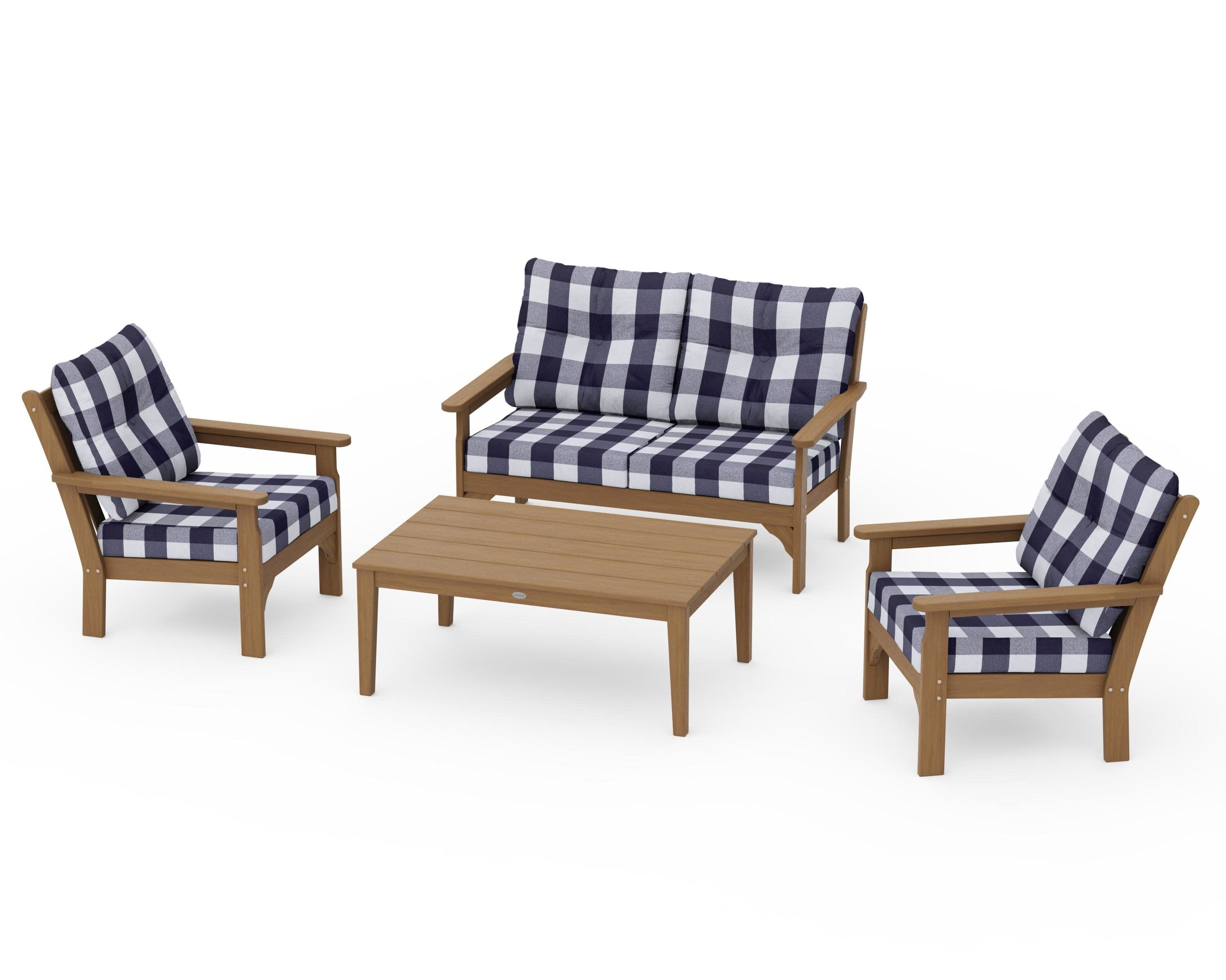 Vineyard 4-Piece Deep Seating Set in Natural / Buffalo Plaid Navy