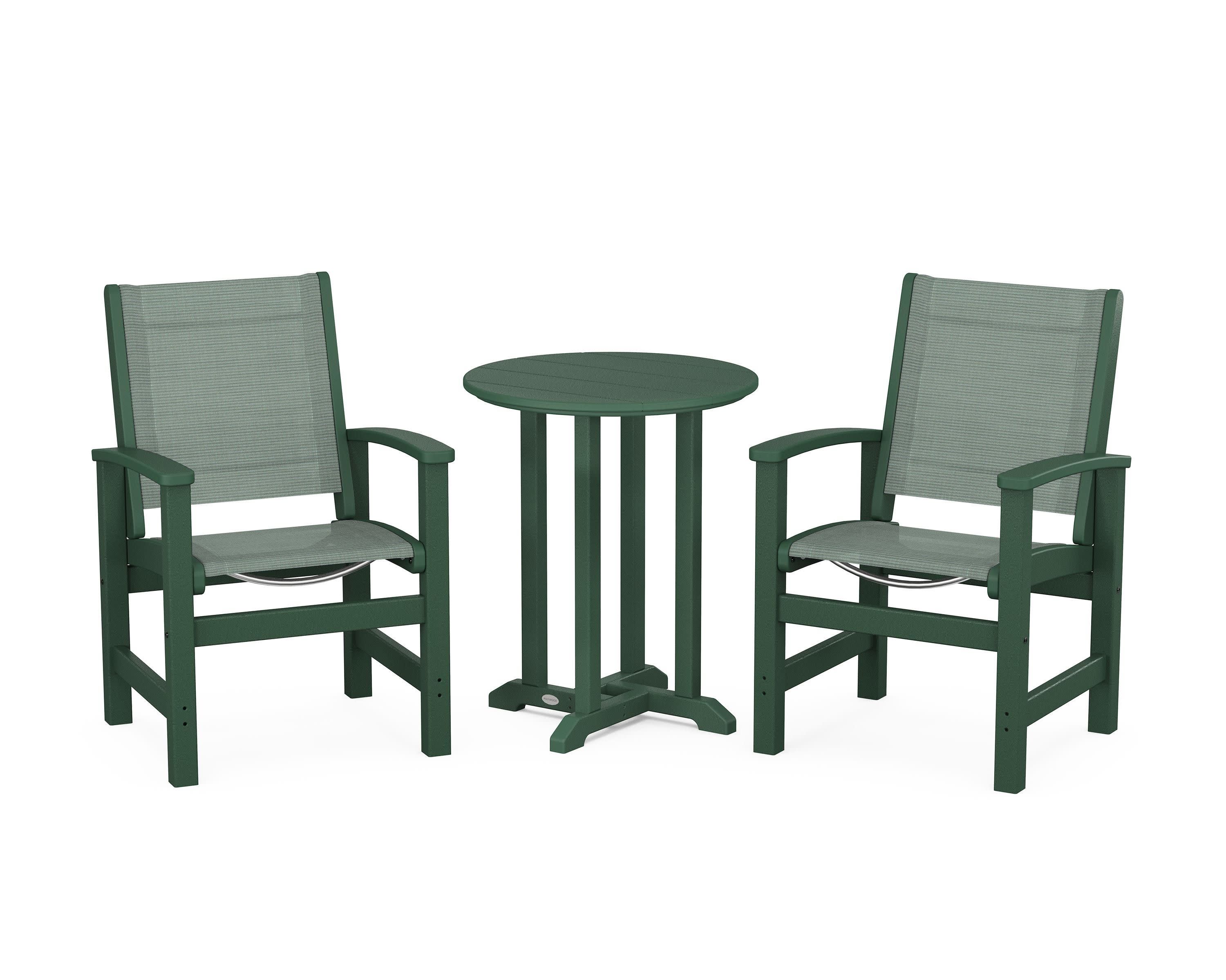 Coastal 3-Piece Round Bistro Dining Set in Green / Dupioni Sea Mist Sling