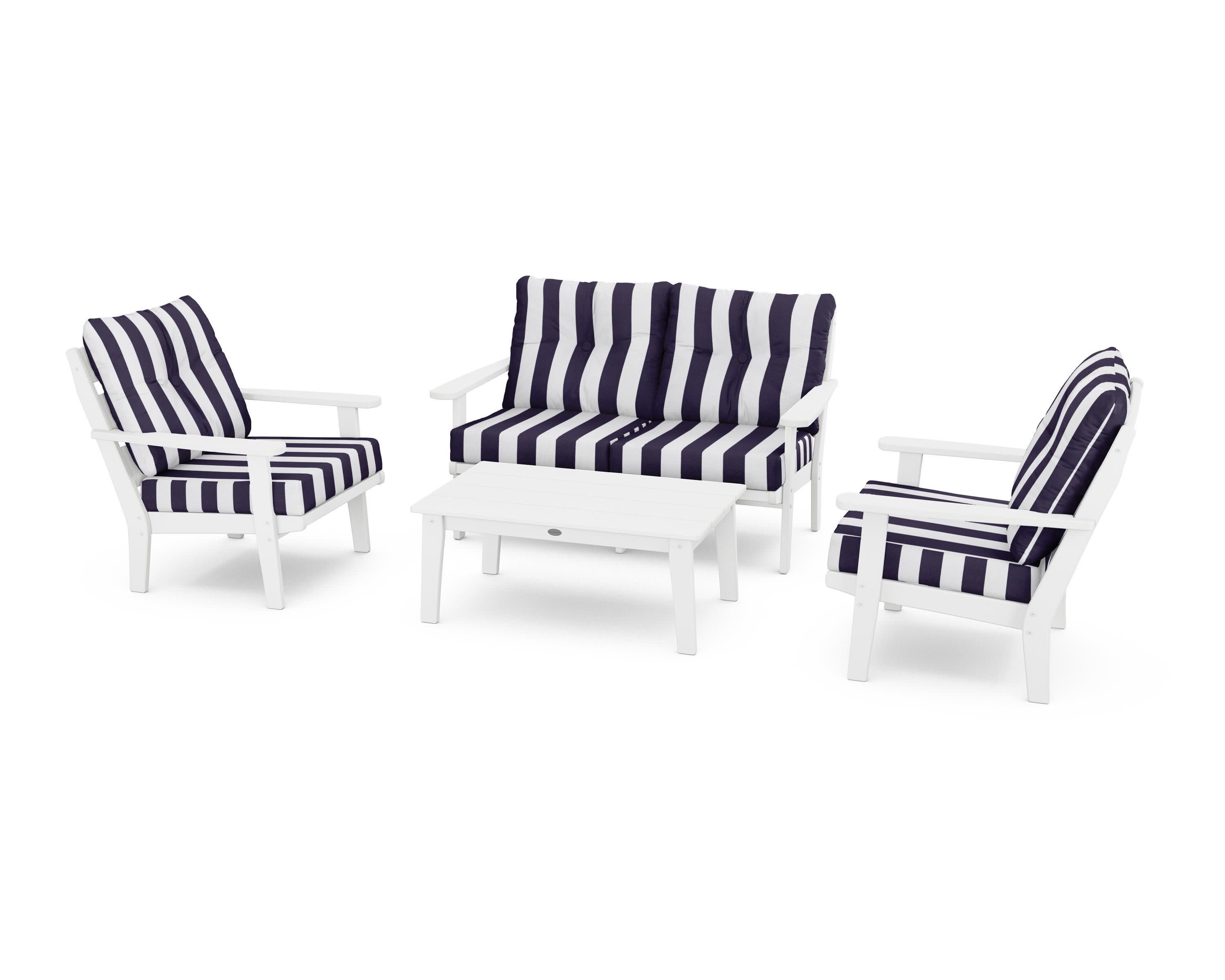 Lakeside 4-Piece Deep Seating Set in White / Cabana Stripe Navy