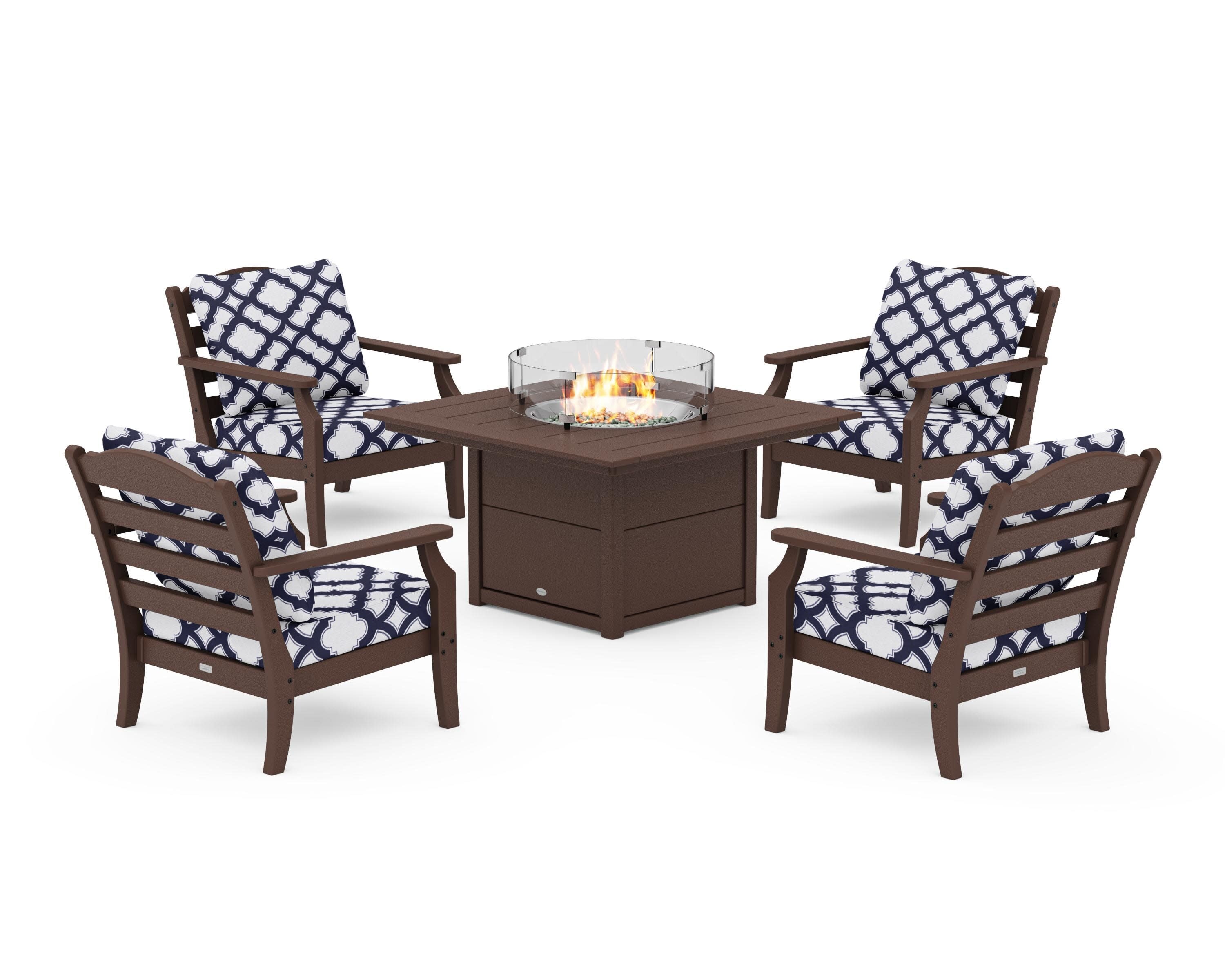 Savannah 5-Piece Deep Seating Set with Fire Pit Table in Mahogany / Trellis Navy