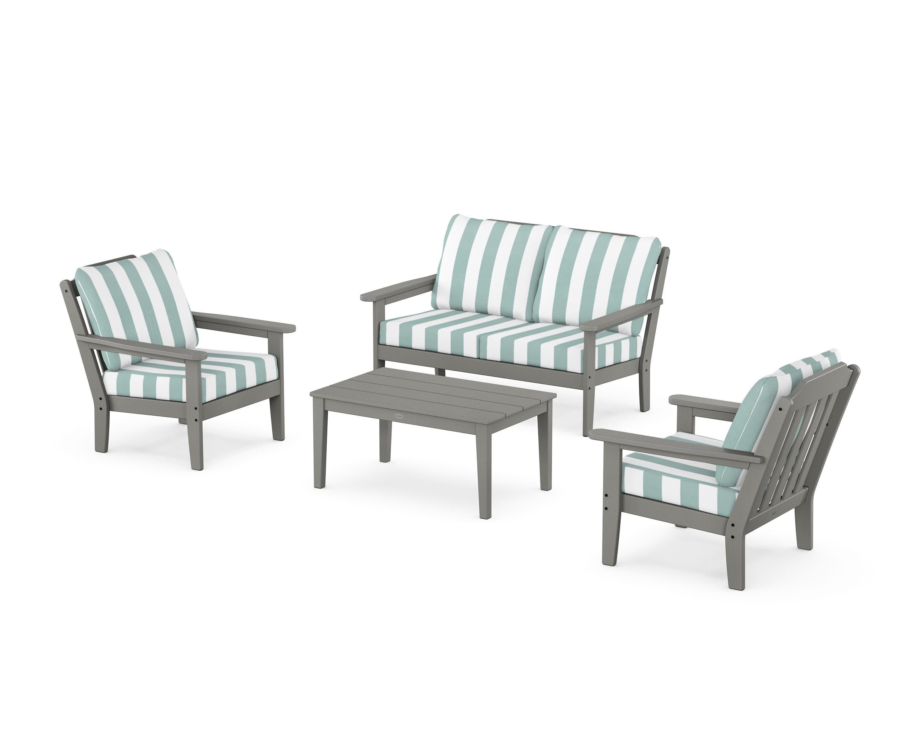 Cottage 4-Piece Deep Seating Set with Loveseat in Slate Grey / Cabana Stripe Glacier Spa