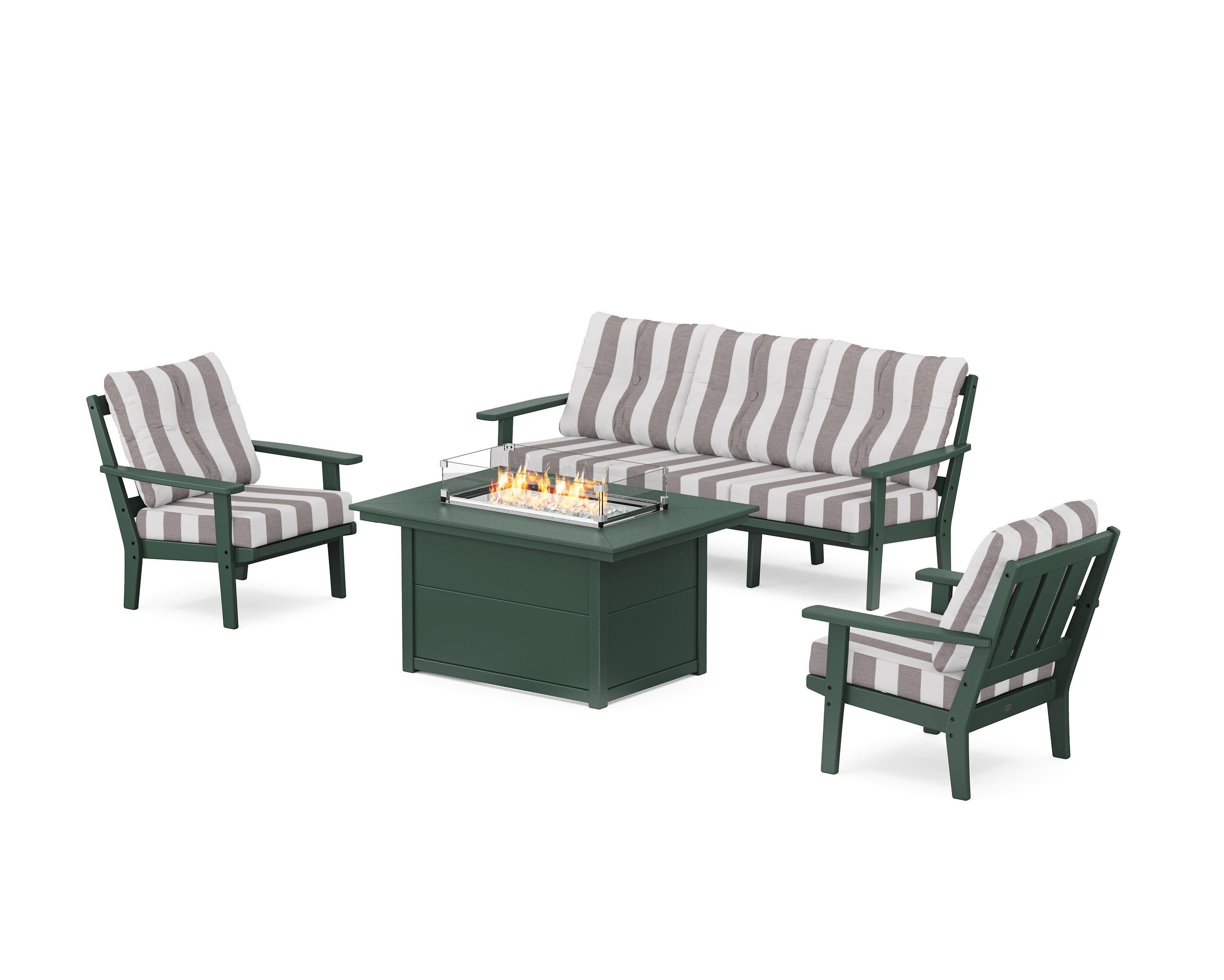 Oxford Deep Seating Fire Pit Table Set in Green / Cabana Stripe Grey Mist