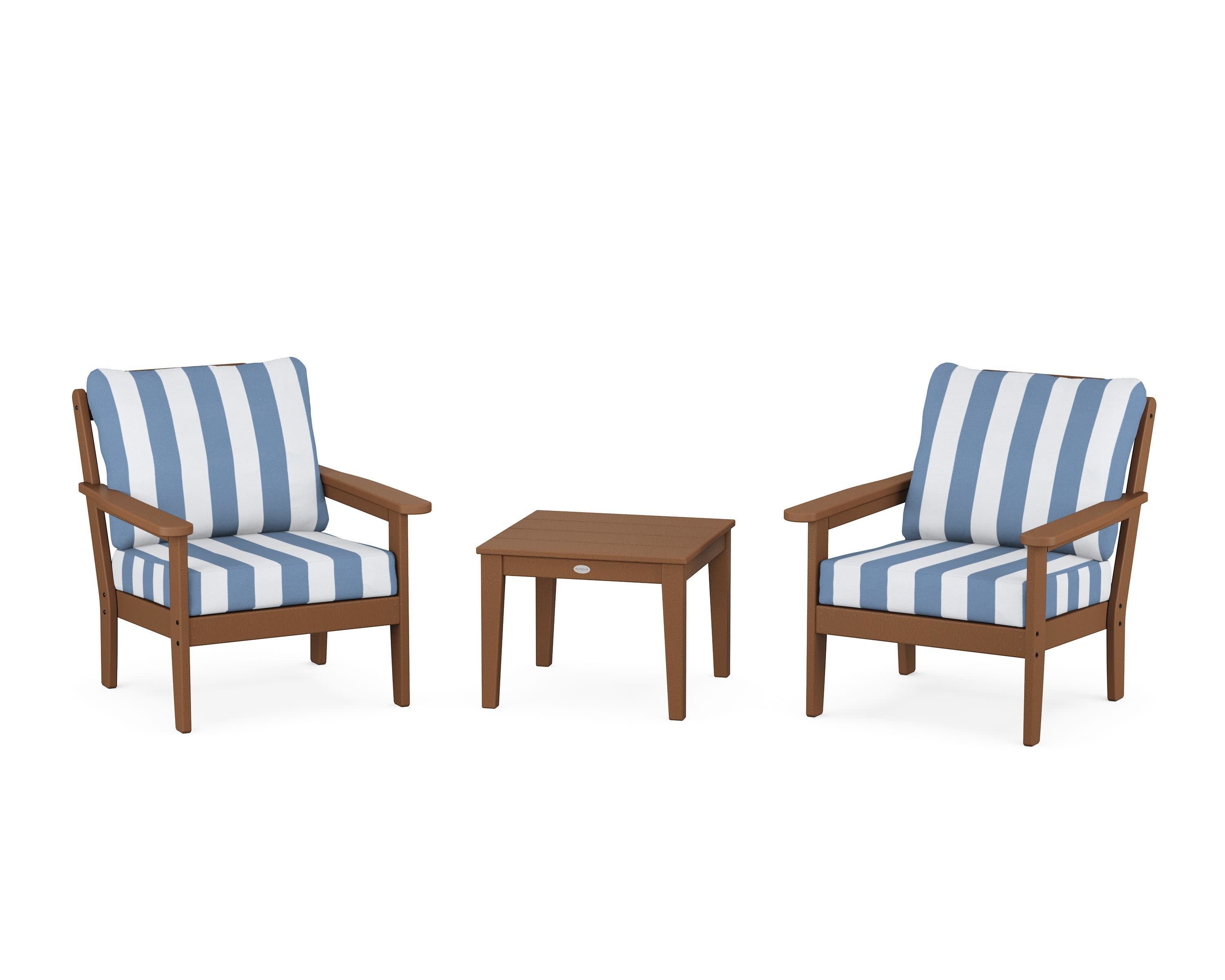 Cottage 3-Piece Deep Seating Set in Teak / Cabana Stripe Sky Blue