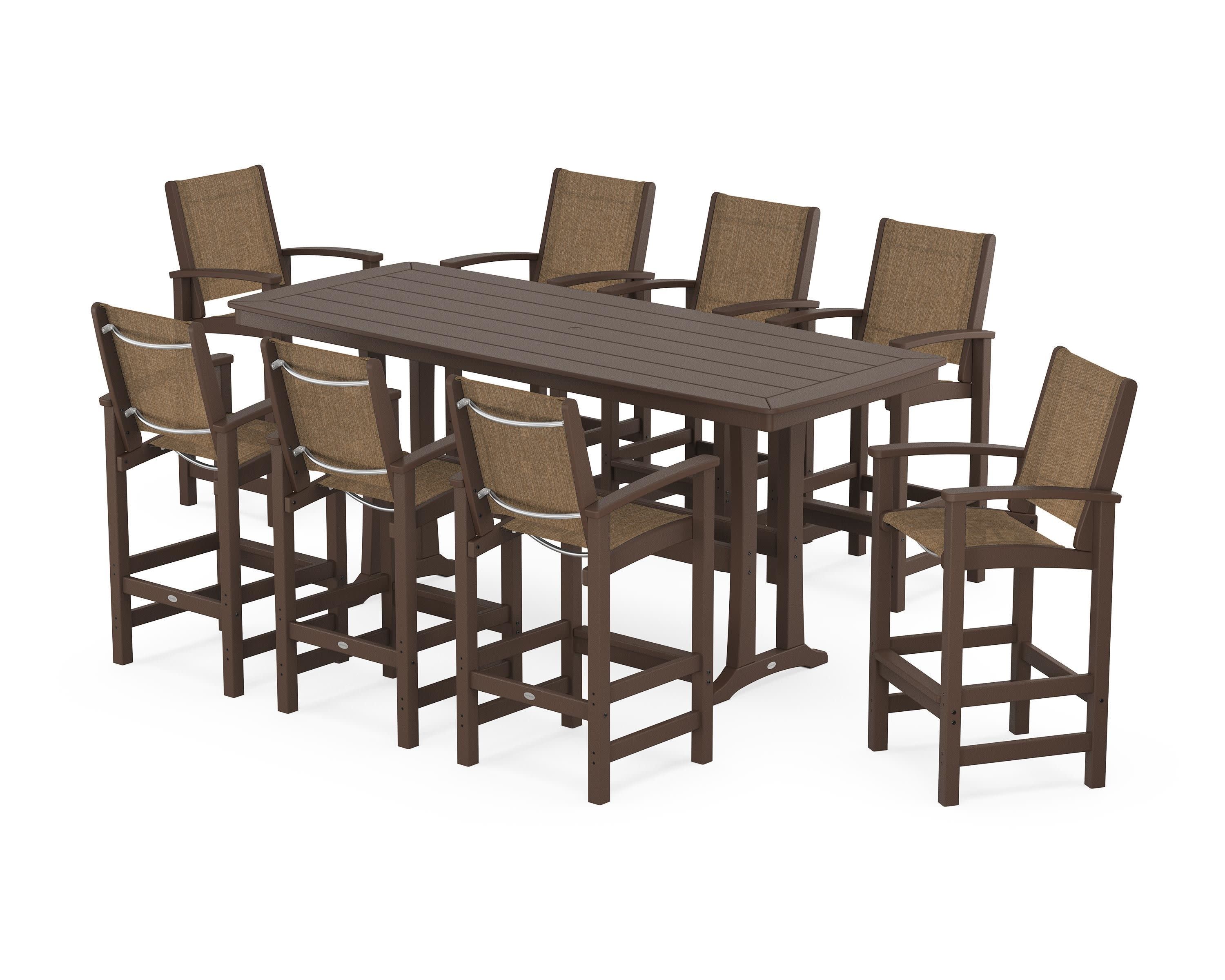 Coastal 9-Piece Bar Set with Trestle Legs in Mahogany / Burlap Sling