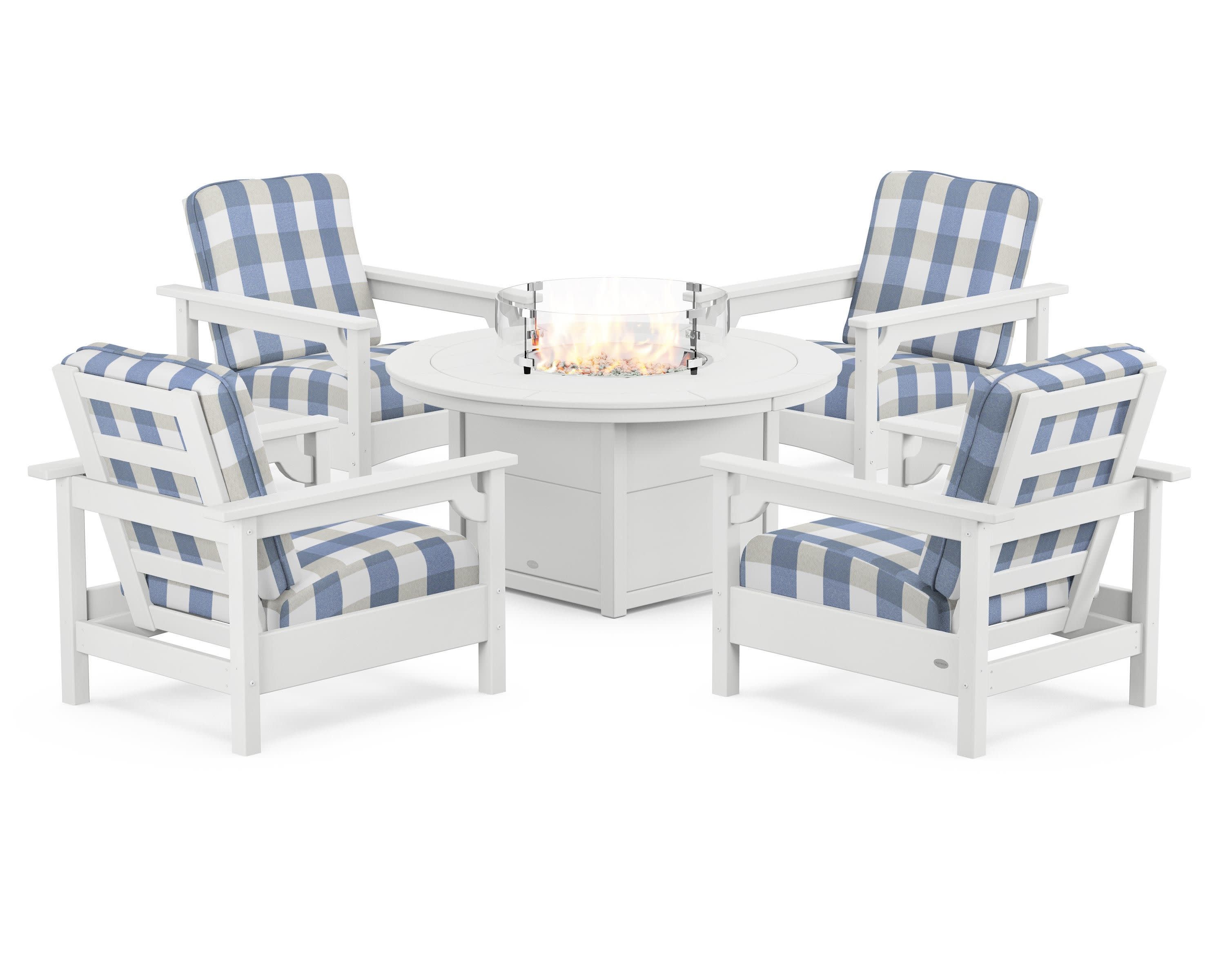 Club 5-Piece Conversation Set with Fire Pit Table in White / Buffalo Plaid Sky Blue