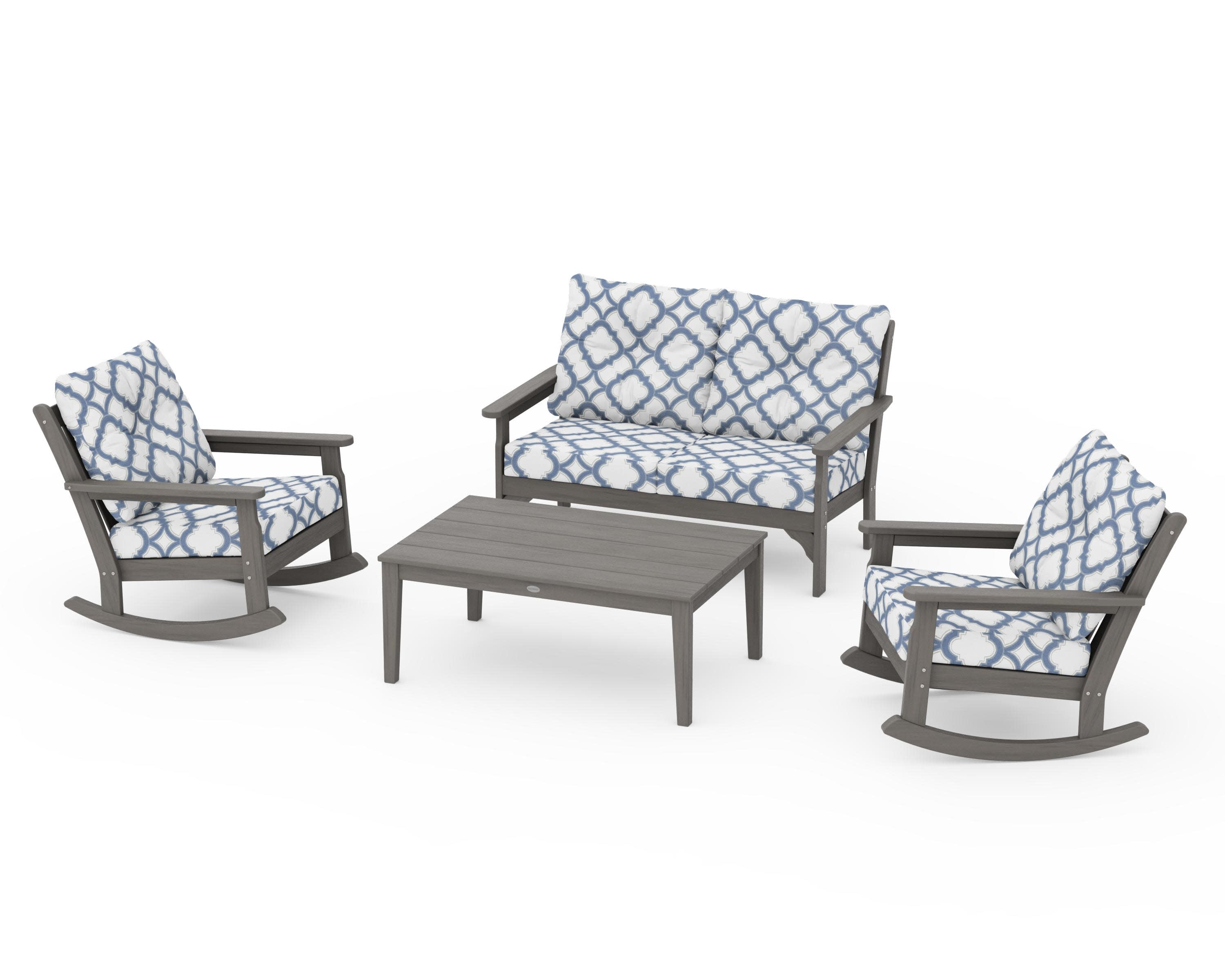 Vineyard 4-Piece Deep Seating Rocking Chair Set in Driftwood / Trellis Sky Blue
