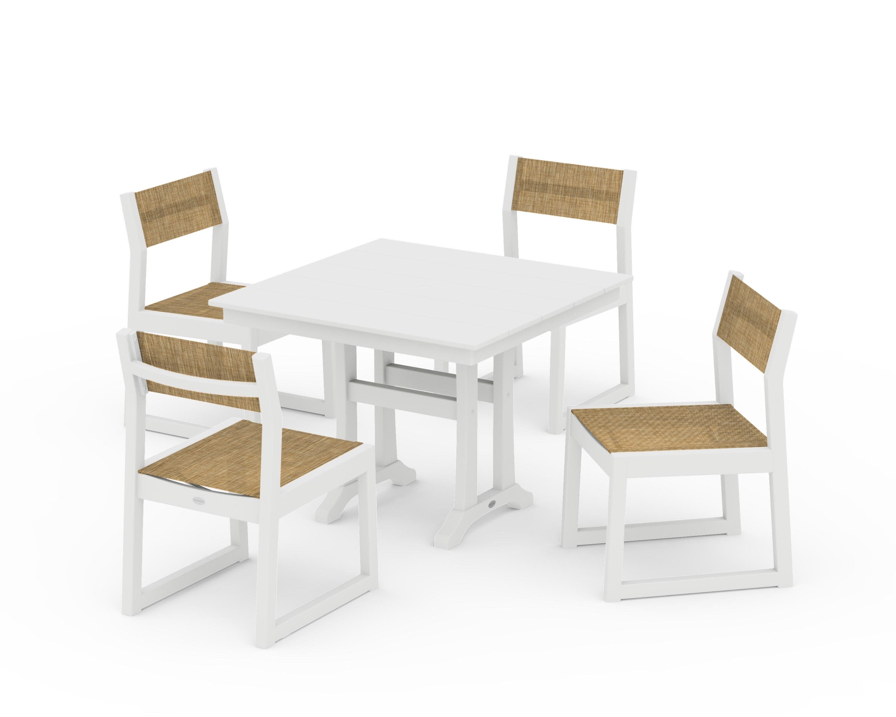 EDGE Sling 5-Piece Farmhouse Trestle Side Chair Dining Set in White / Burlap Sling