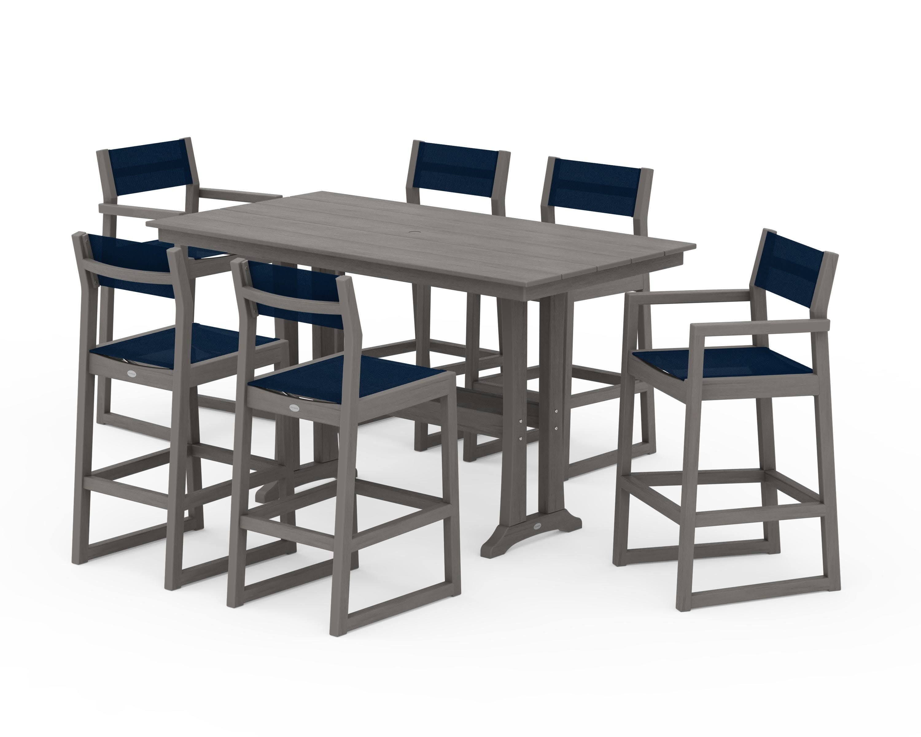 EDGE Sling 7-Piece Farmhouse Bar Set with Trestle Legs in Driftwood / Navy Blue Sling
