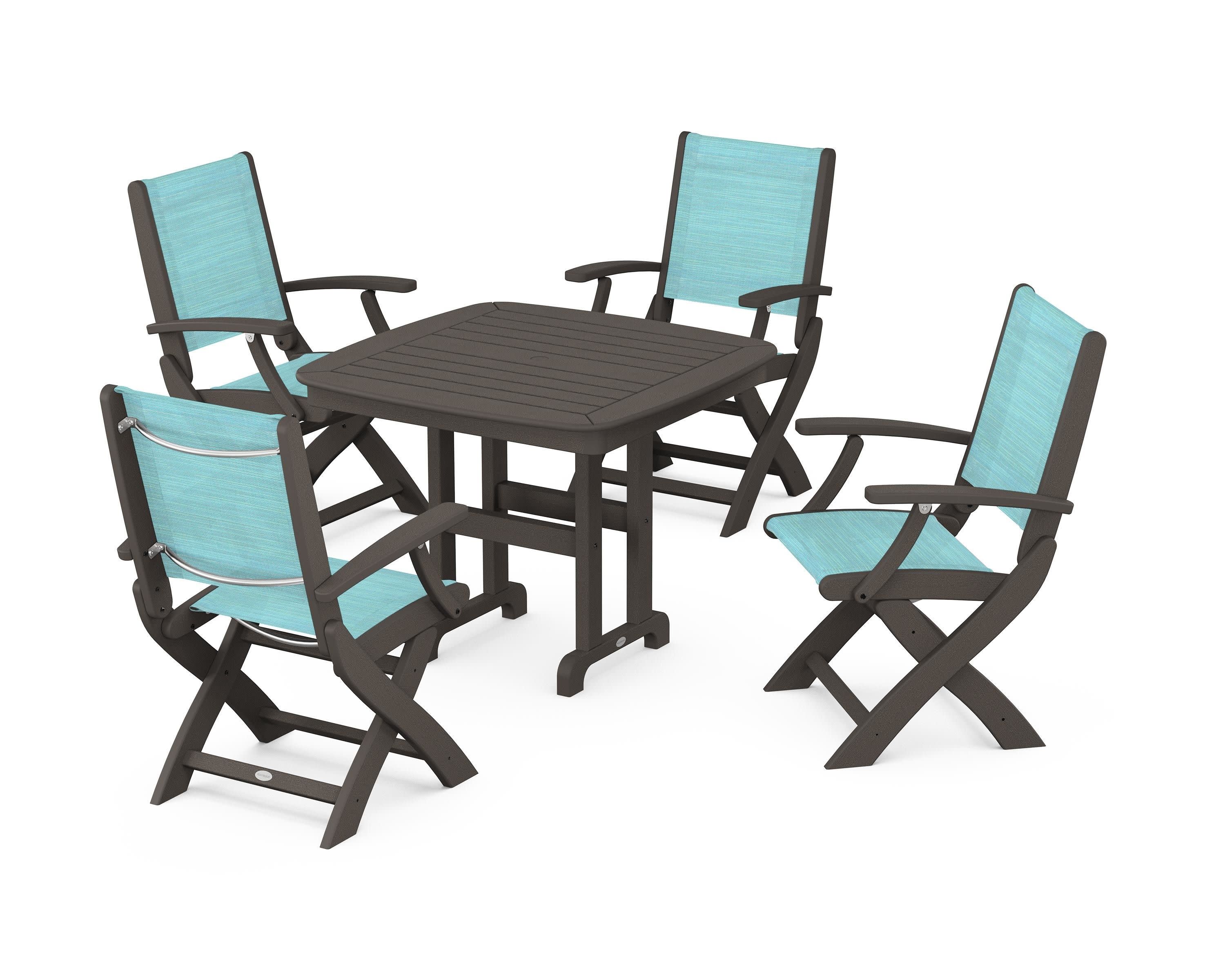 Coastal Folding Chair 5-Piece Dining Set in Vintage Coffee / Dupioni Aquamarine Sling