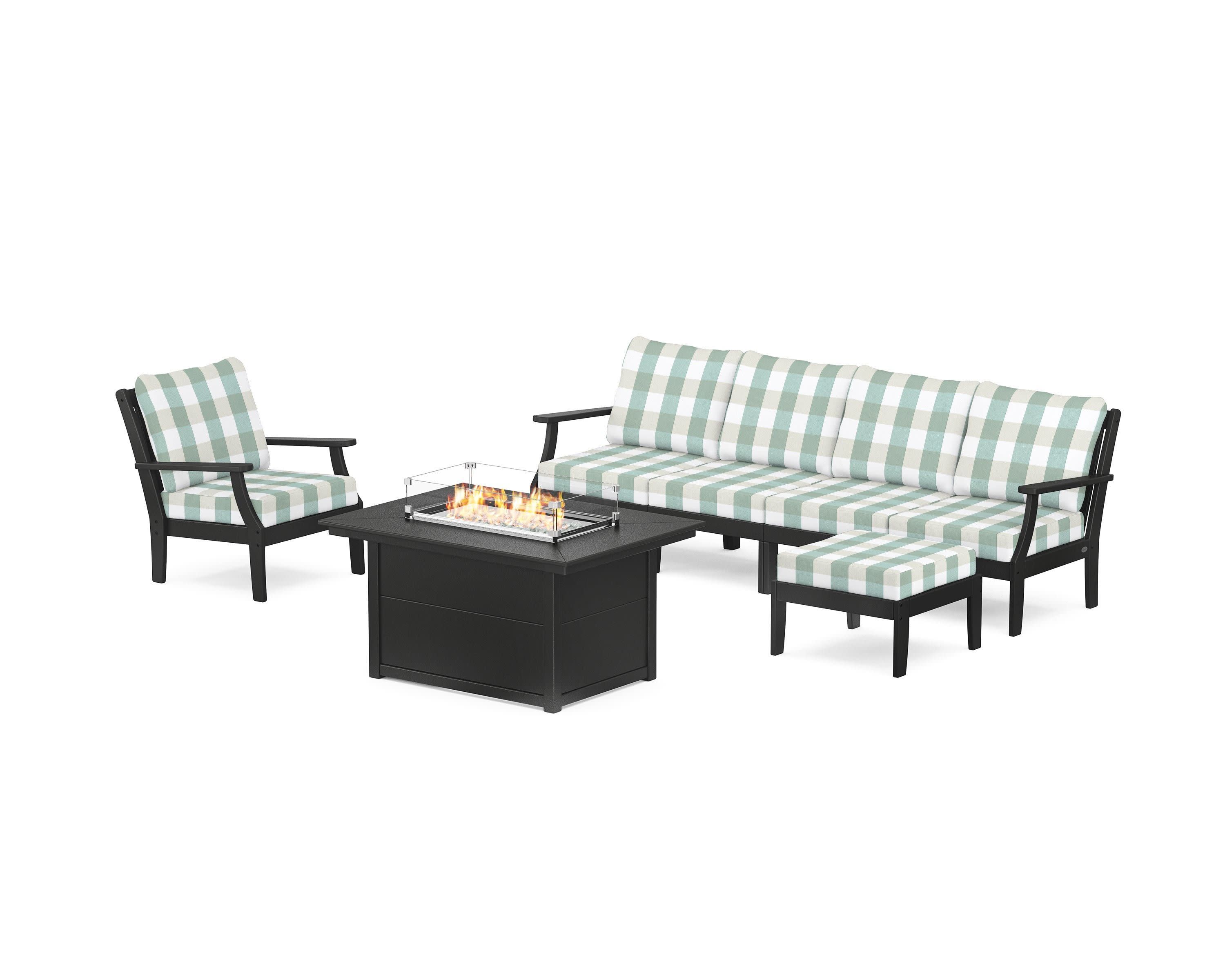 Braxton Sectional Lounge and Fire Pit Set in Black / Buffalo Plaid Glacier Spa