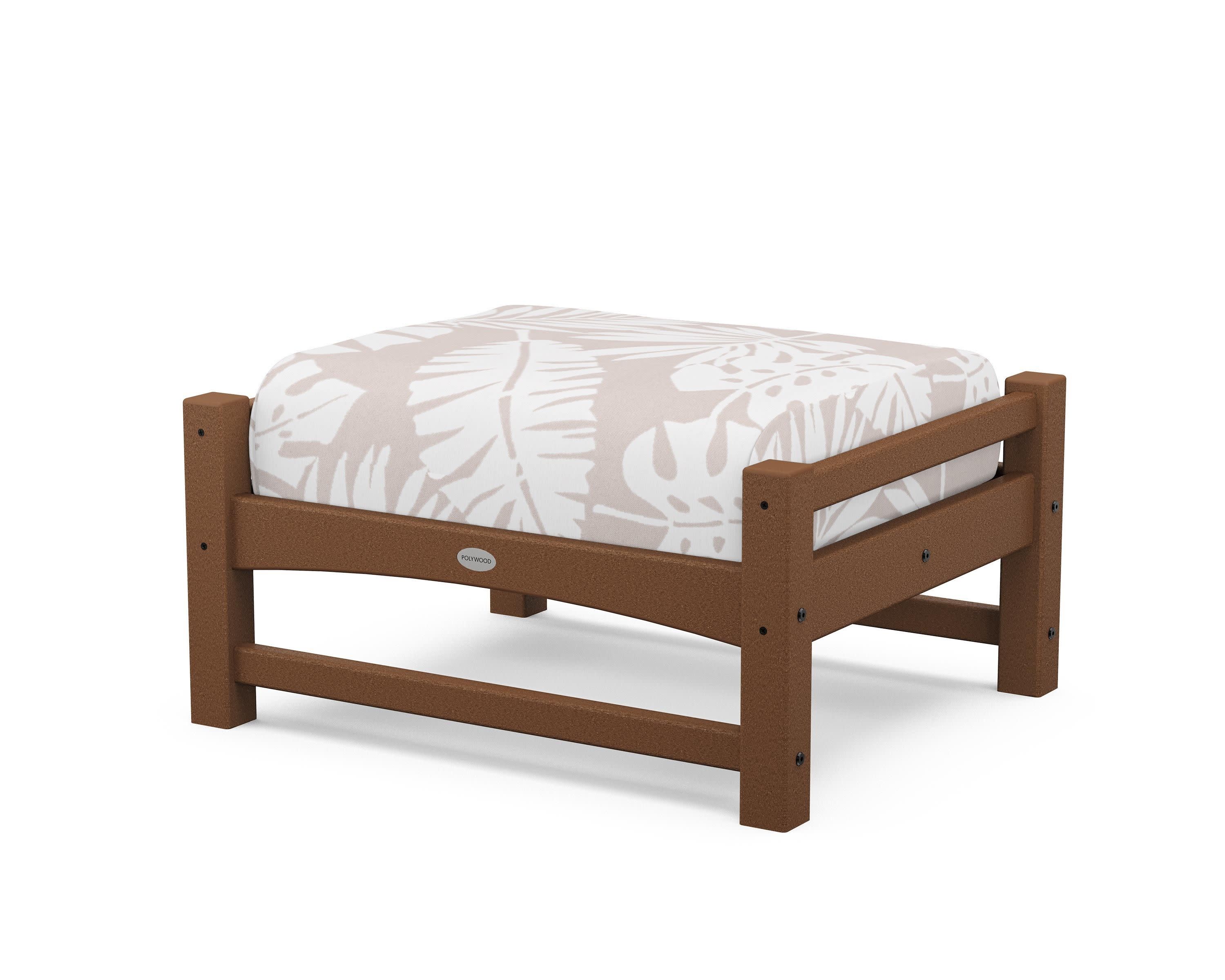 Club Ottoman in Teak / Leaf Dune Burlap