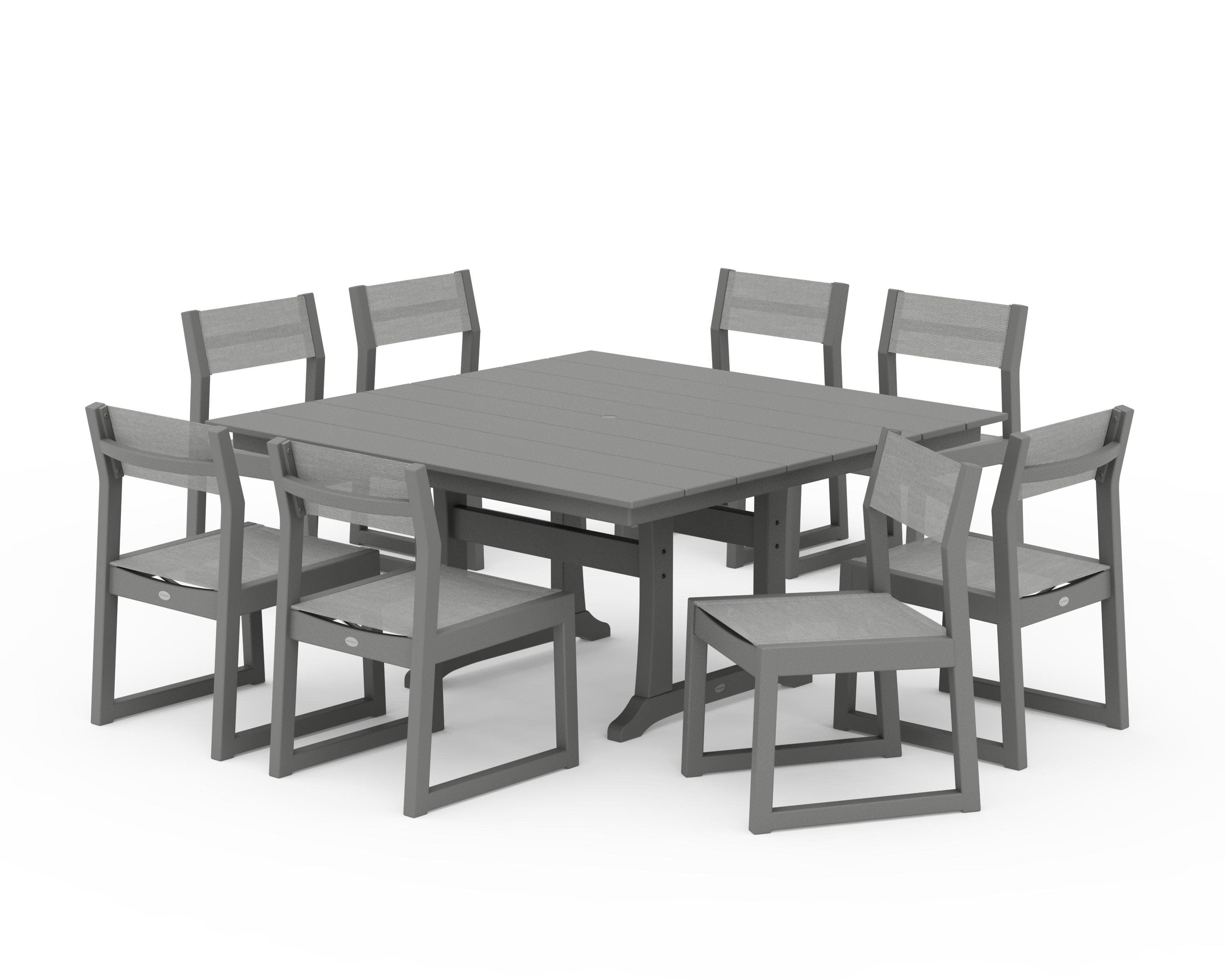 EDGE Sling Side Chair 9-Piece Farmhouse Trestle Dining Set in Slate Grey / Metallic Sling