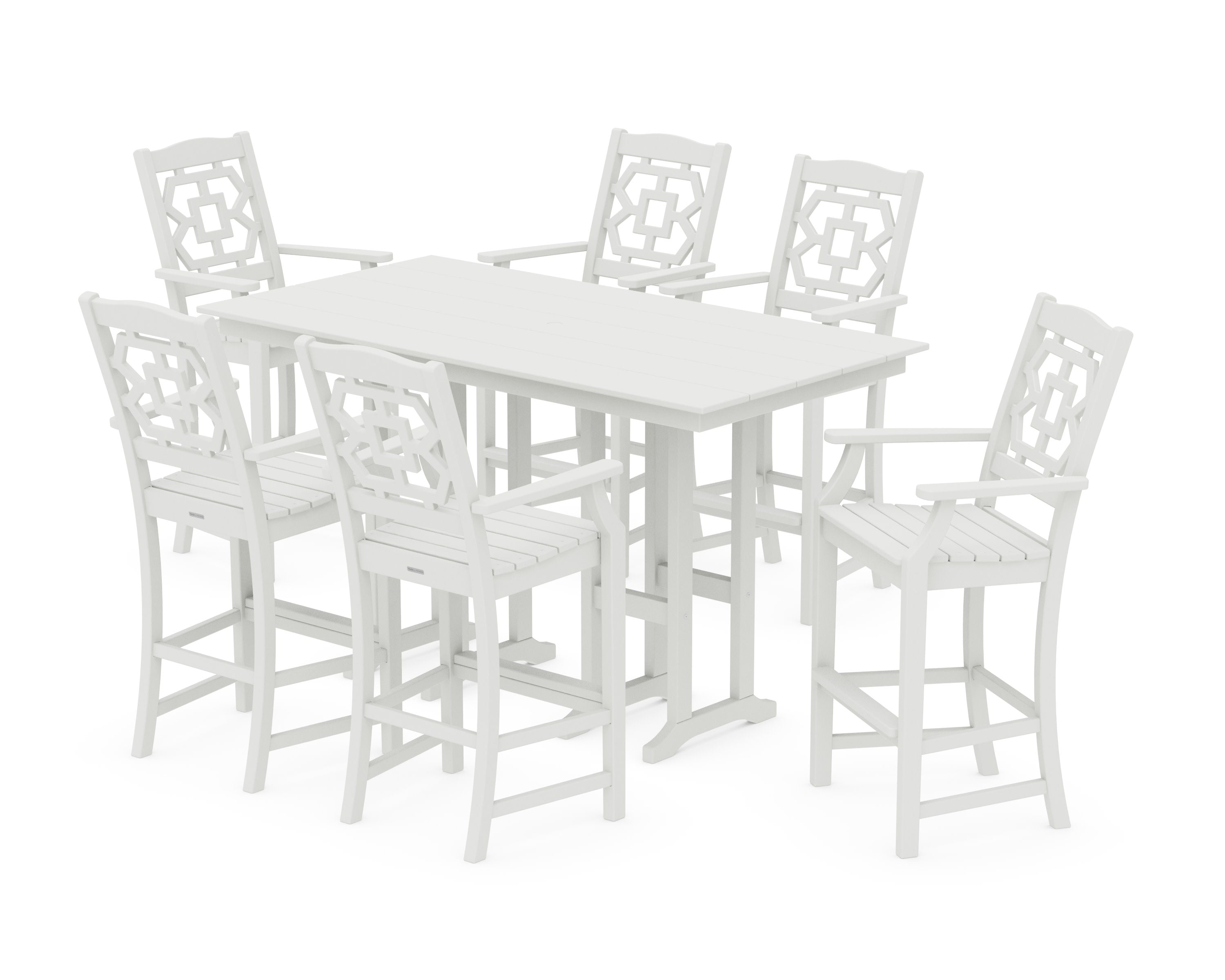 Chinoiserie Arm Chair 7-Piece Farmhouse Bar Set in Vintage White