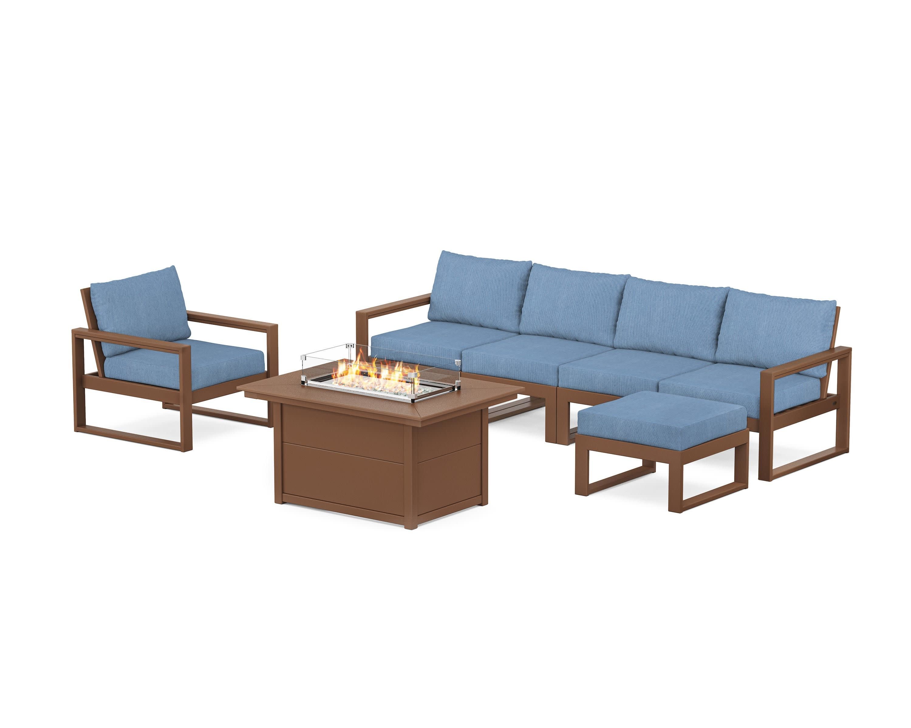 EDGE Sectional Lounge and Fire Pit Set in Teak / Sky Blue