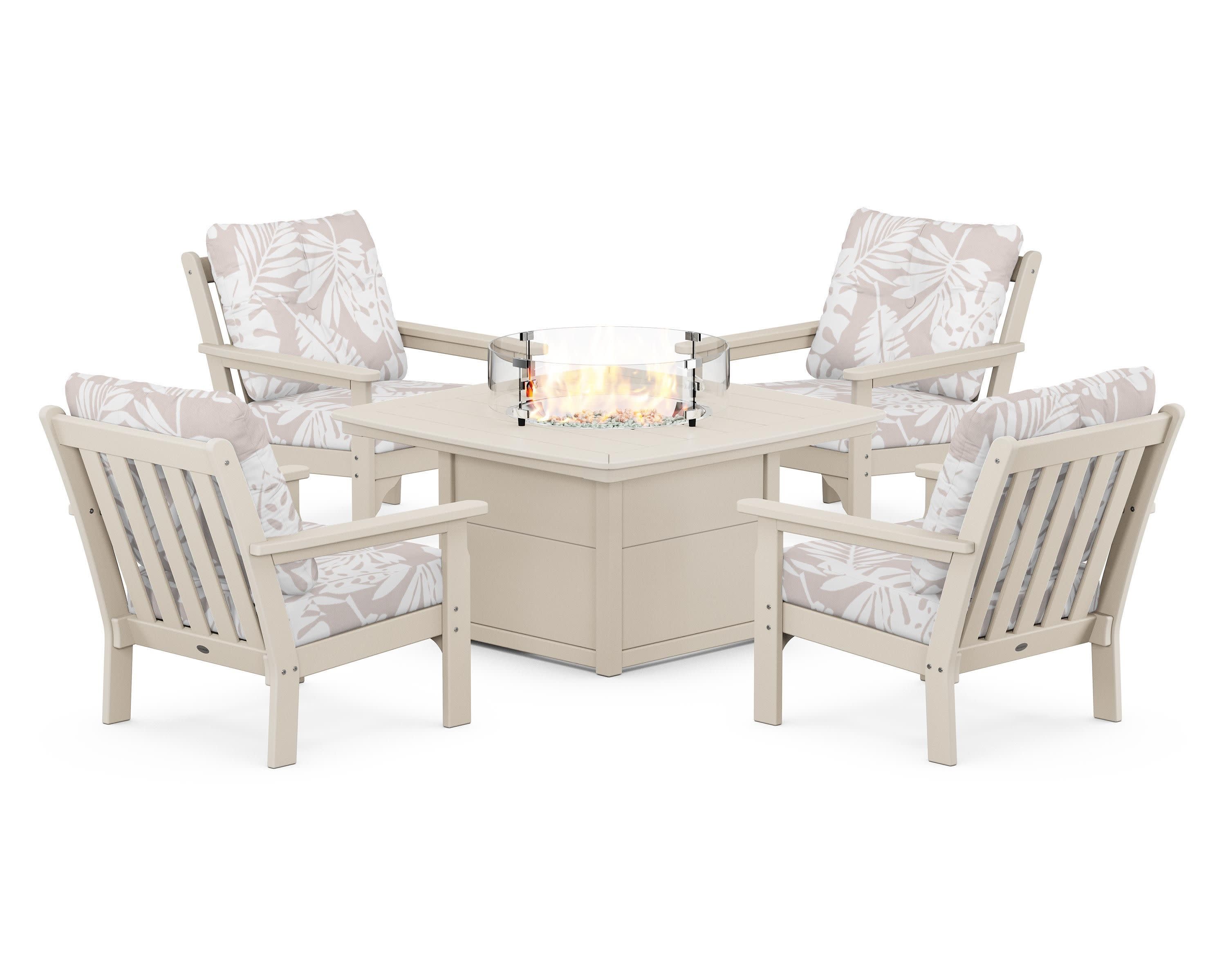 Vineyard 5-Piece Conversation Set with Fire Pit Table in Sand / Leaf Dune Burlap