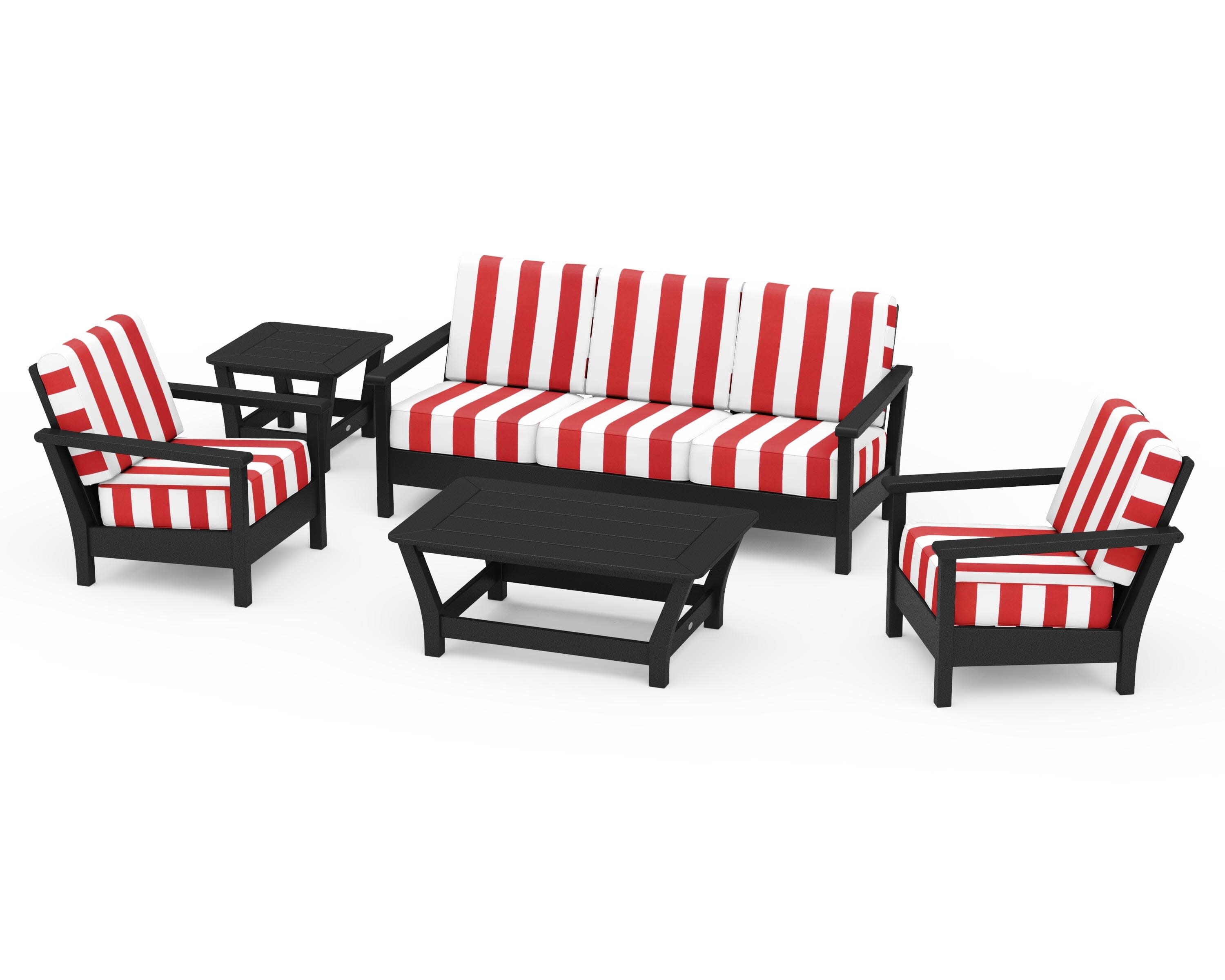 Harbour 5-Piece Deep Seating Set in Black / Cabana Stripe Crimson