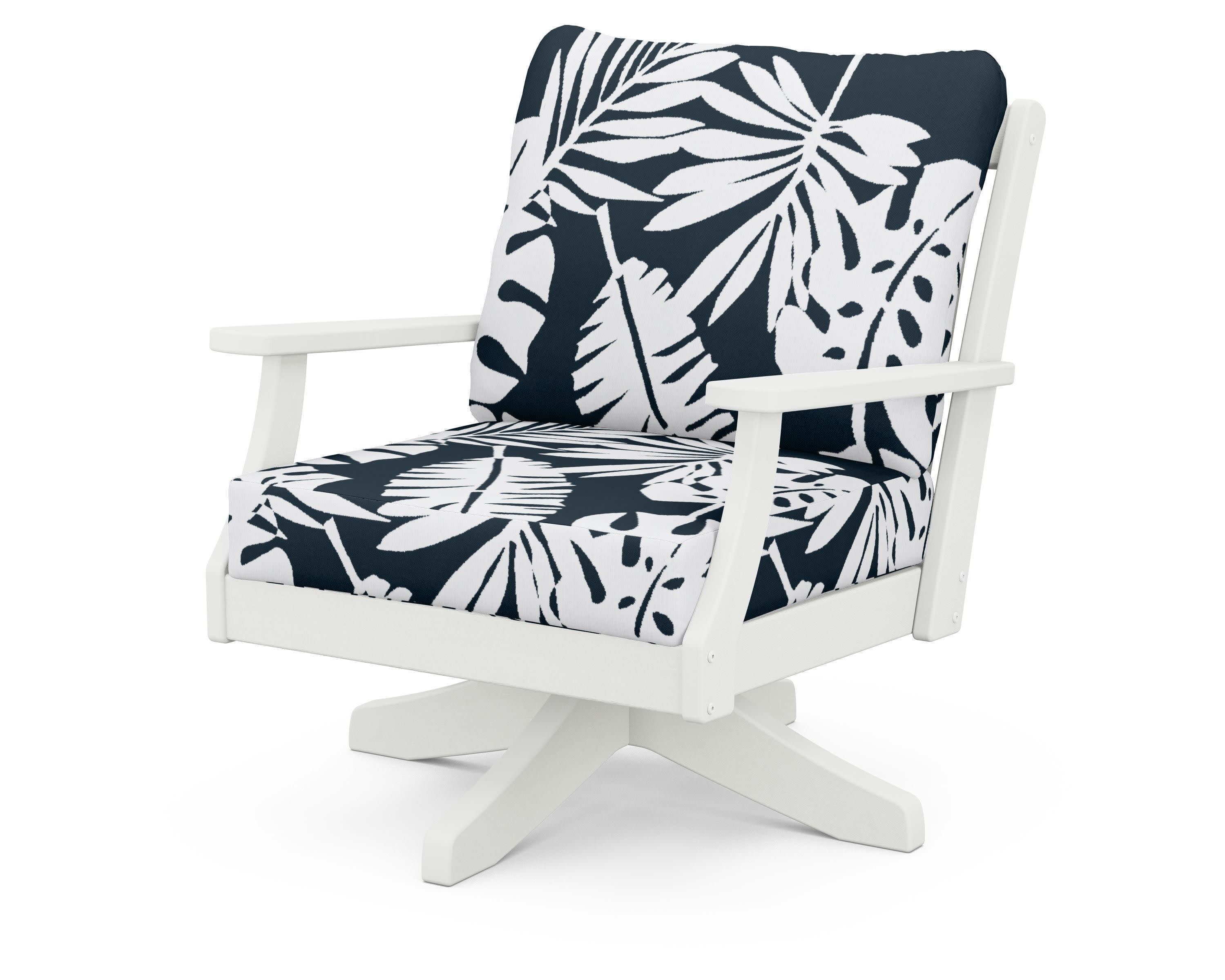 Braxton Deep Seating Swivel Chair in Vintage White / Leaf Marine Indigo