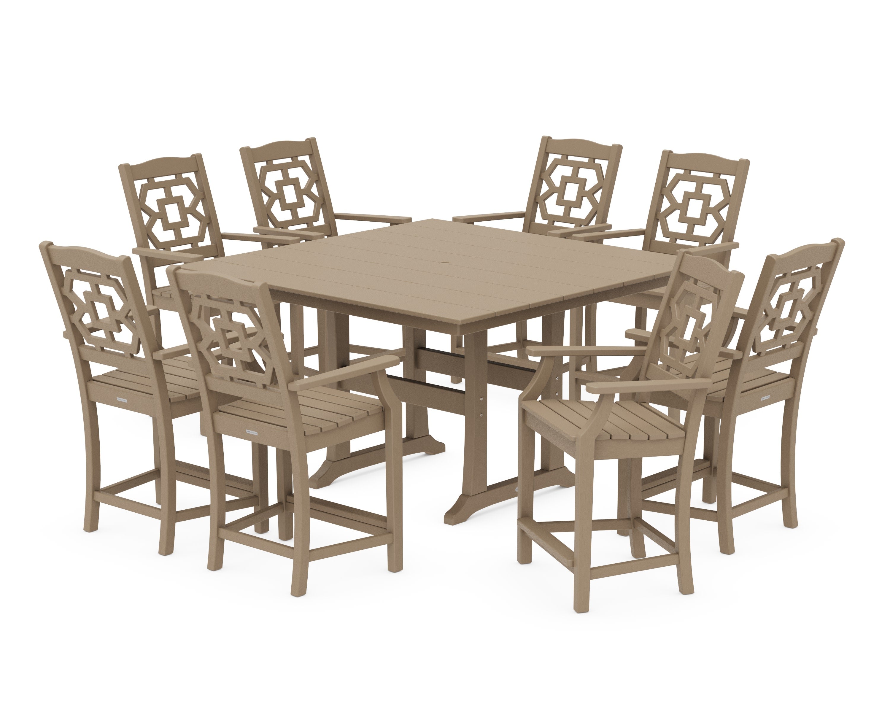 Chinoiserie 9-Piece Square Farmhouse Counter Set with Trestle Legs in Vintage Sahara