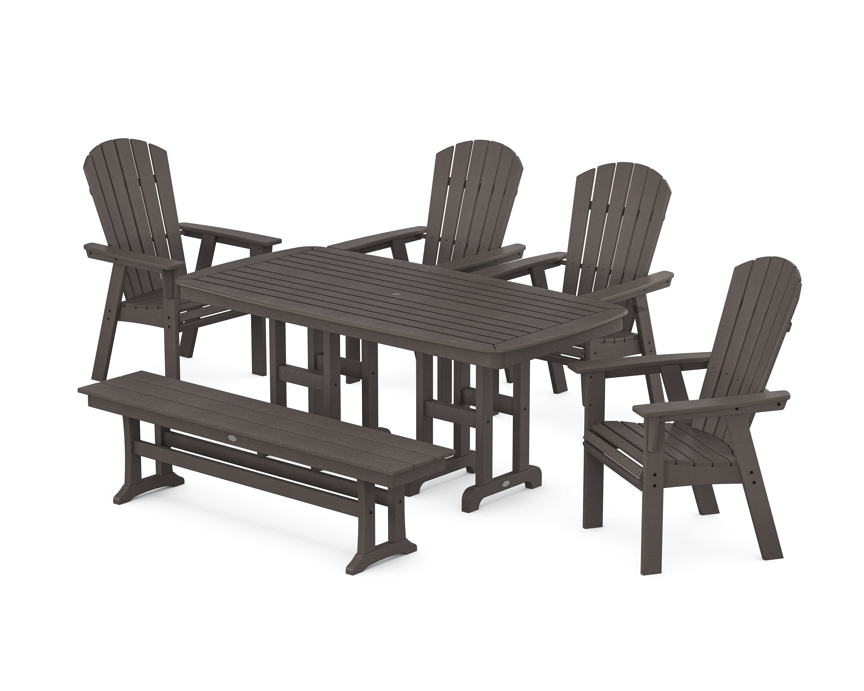 Nautical Curveback Adirondack 6-Piece Dining Set with Bench in Vintage Coffee