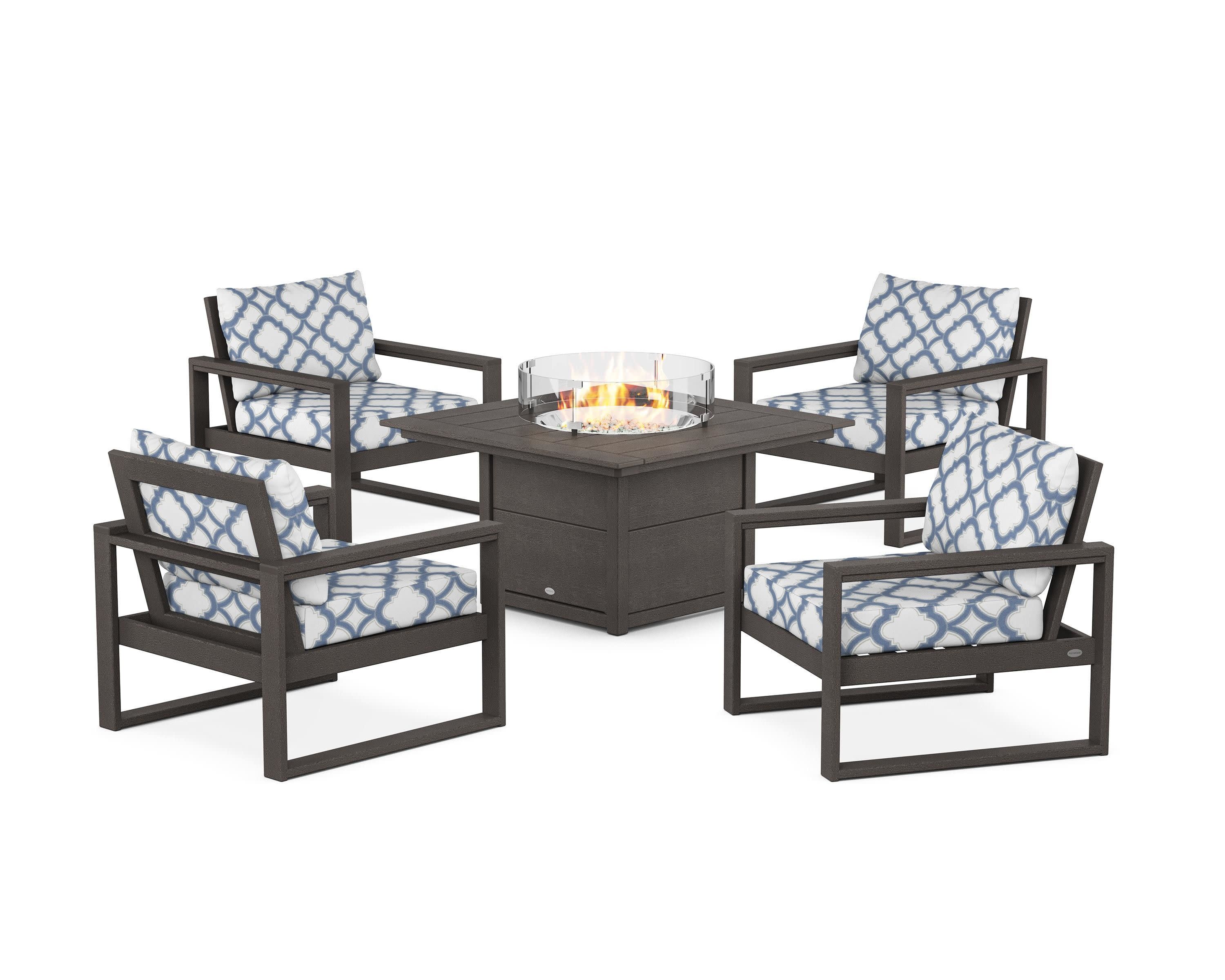 EDGE Sectional 5-Piece Deep Seating Set with Fire Pit Table in Vintage Coffee / Trellis Sky Blue