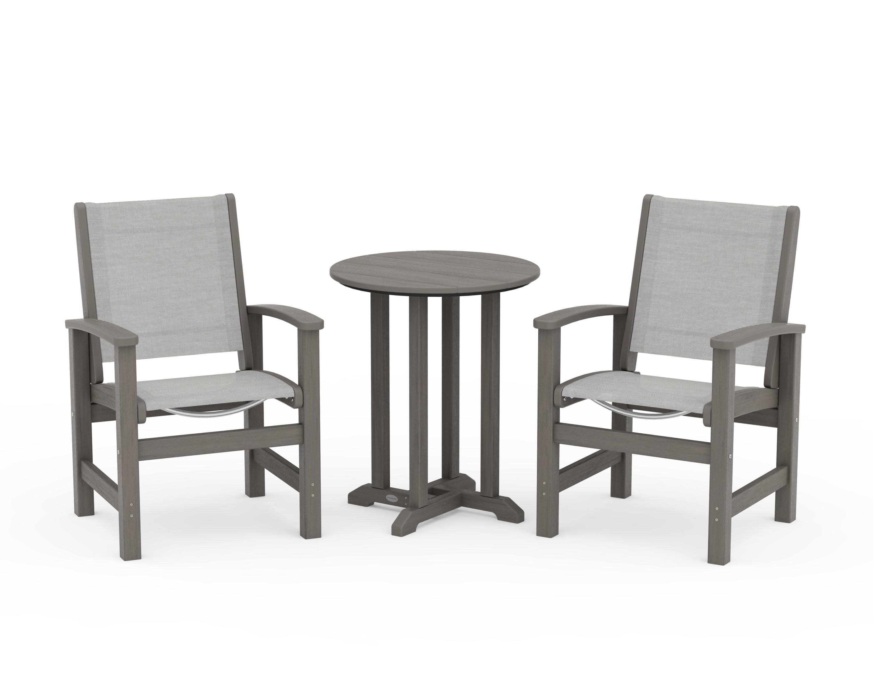 Coastal 3-Piece Round Bistro Dining Set in Driftwood / Metallic Sling