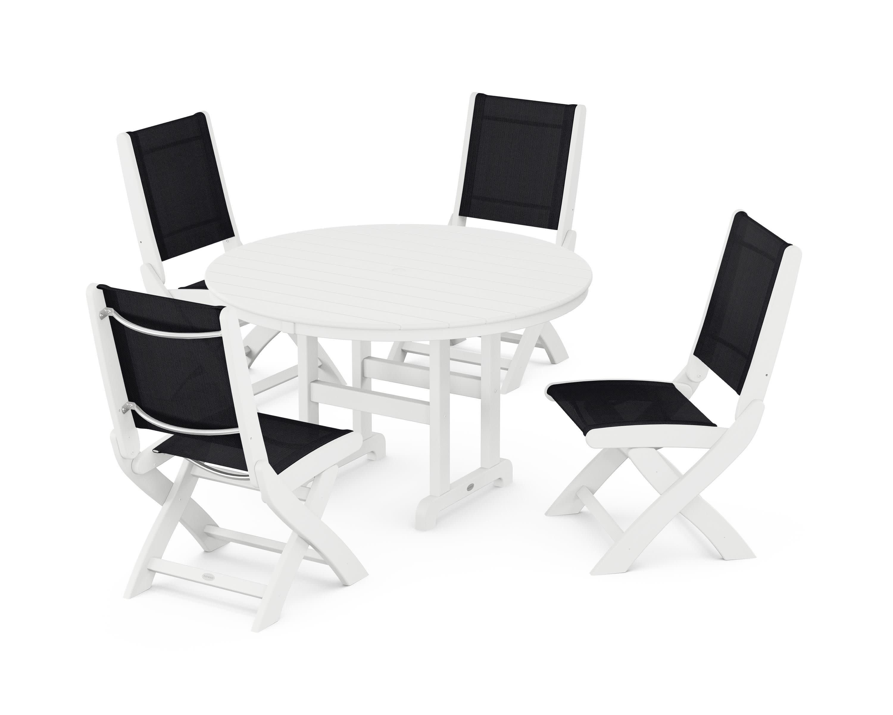 Coastal Folding Side Chair 5-Piece Round Dining Set in White / Black Sling