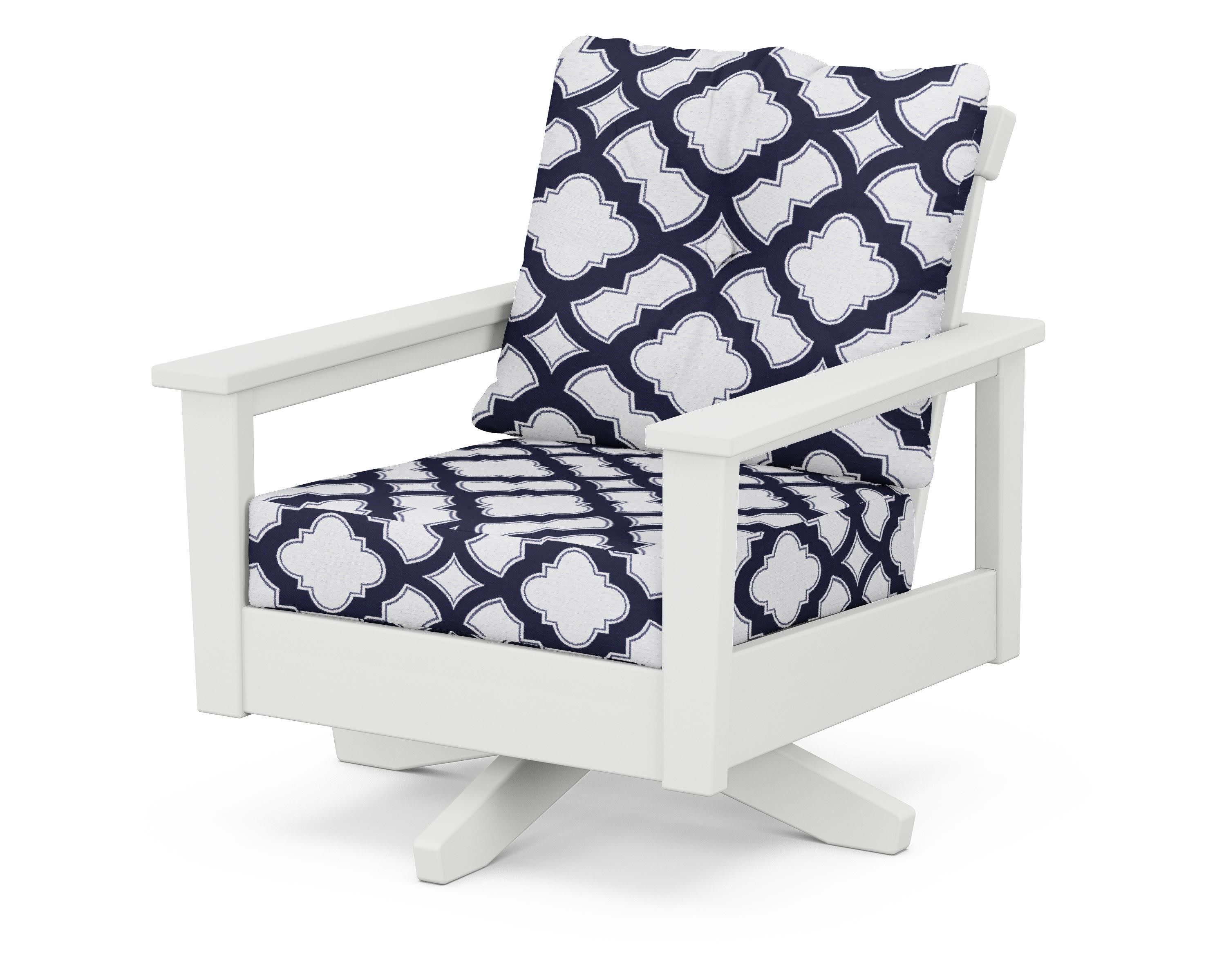 Prescott Deep Seating Swivel Chair in White / Trellis Navy