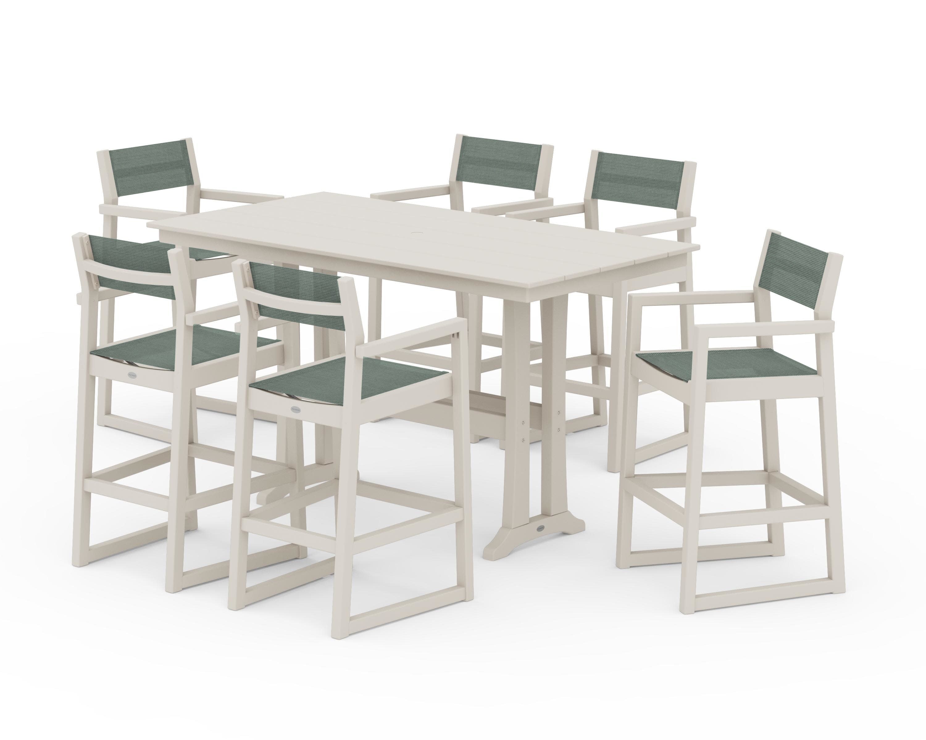 EDGE Sling Arm Chair 7-Piece Farmhouse Bar Set with Trestle Legs in Sand / Dupioni Sea Mist Sling