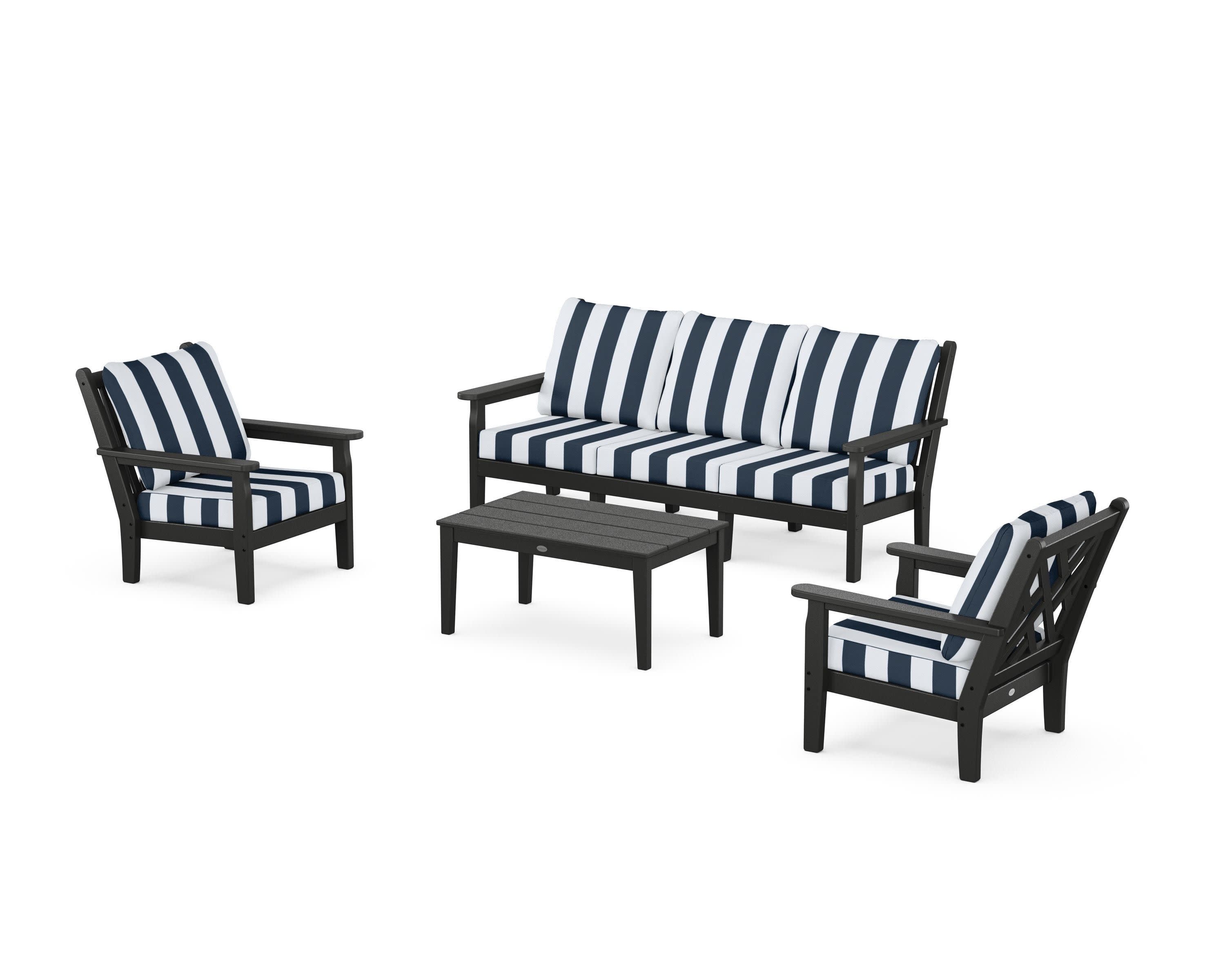 Chippendale 4-Piece Deep Seating Set with Sofa in Black / Cabana Stripe Marine Indigo
