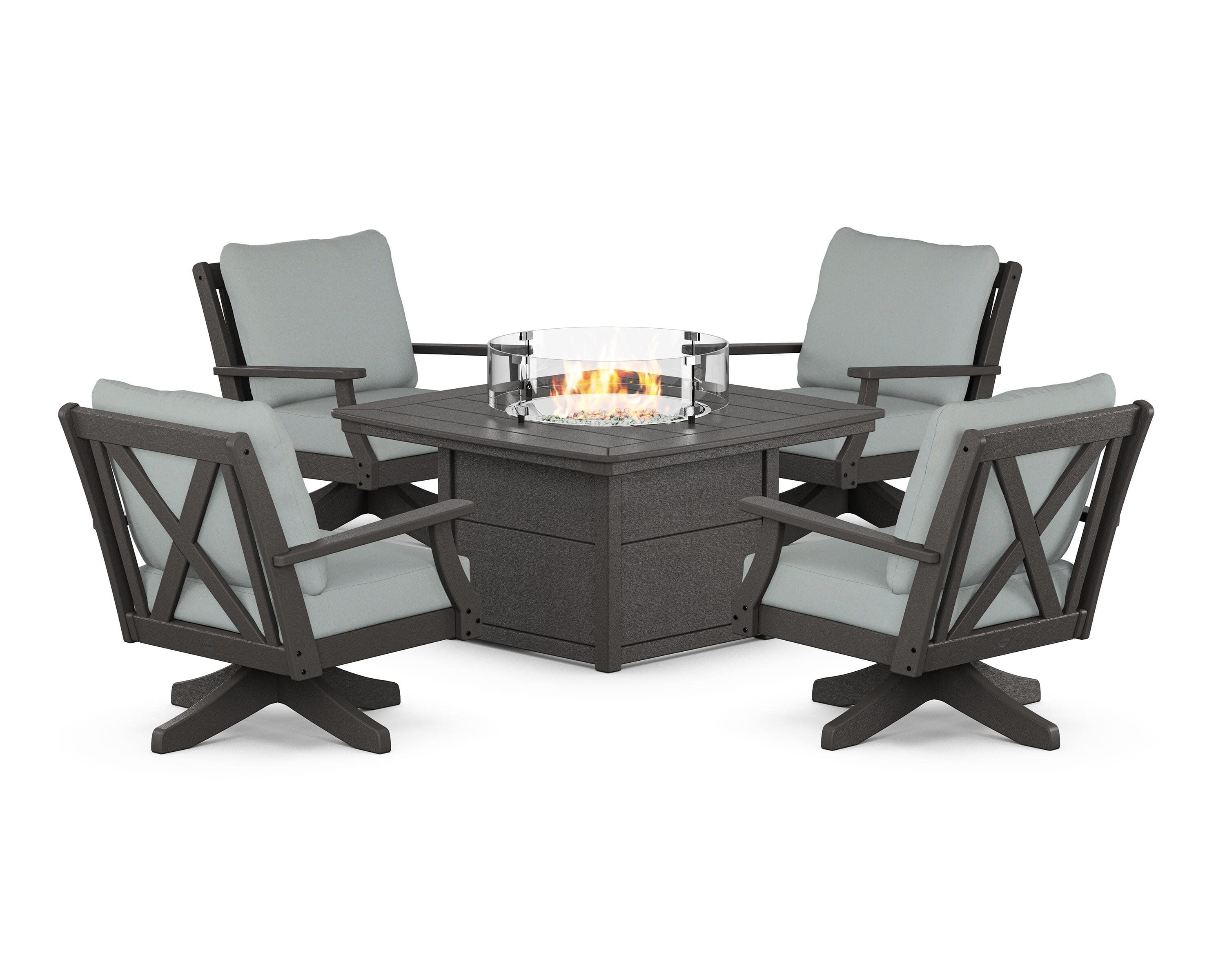 Braxton 5-Piece Deep Seating Swivel Conversation Set with Fire Pit Table in Vintage Coffee / Spa