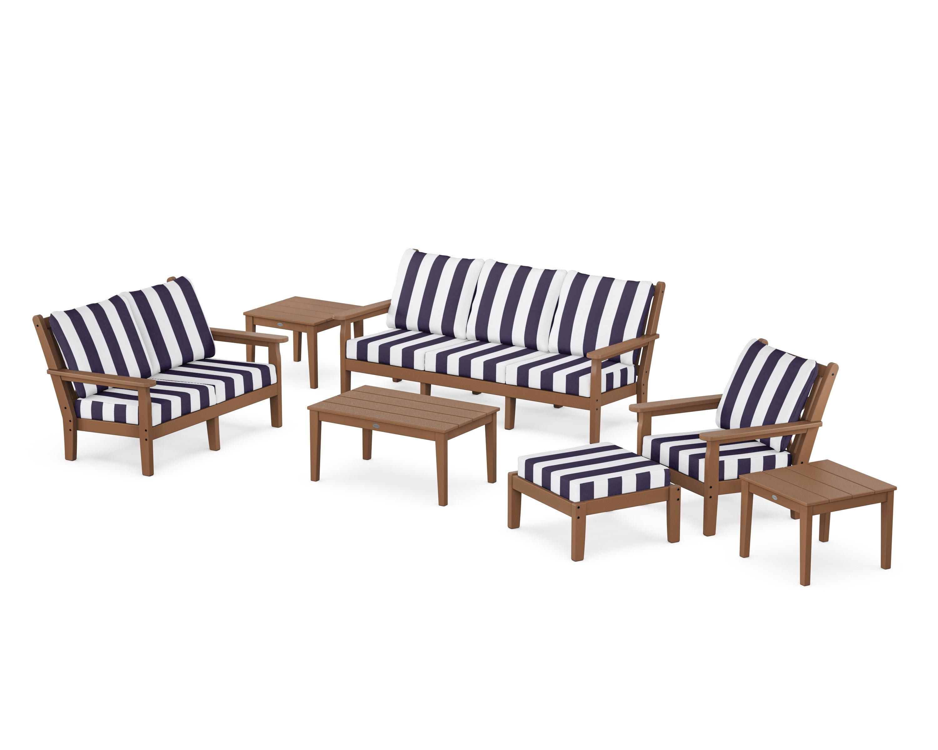 Chippendale 7-Piece Deep Seating Set in Teak / Cabana Stripe Navy