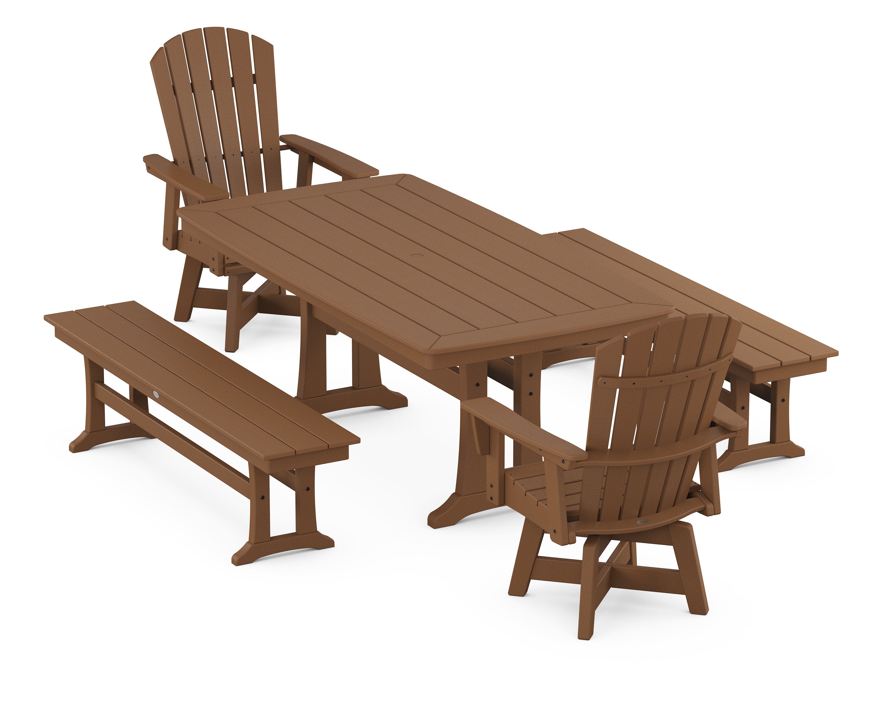 Nautical Curveback Adirondack Swivel Chair 5-Piece Dining Set with Trestle Legs and Benches in Teak