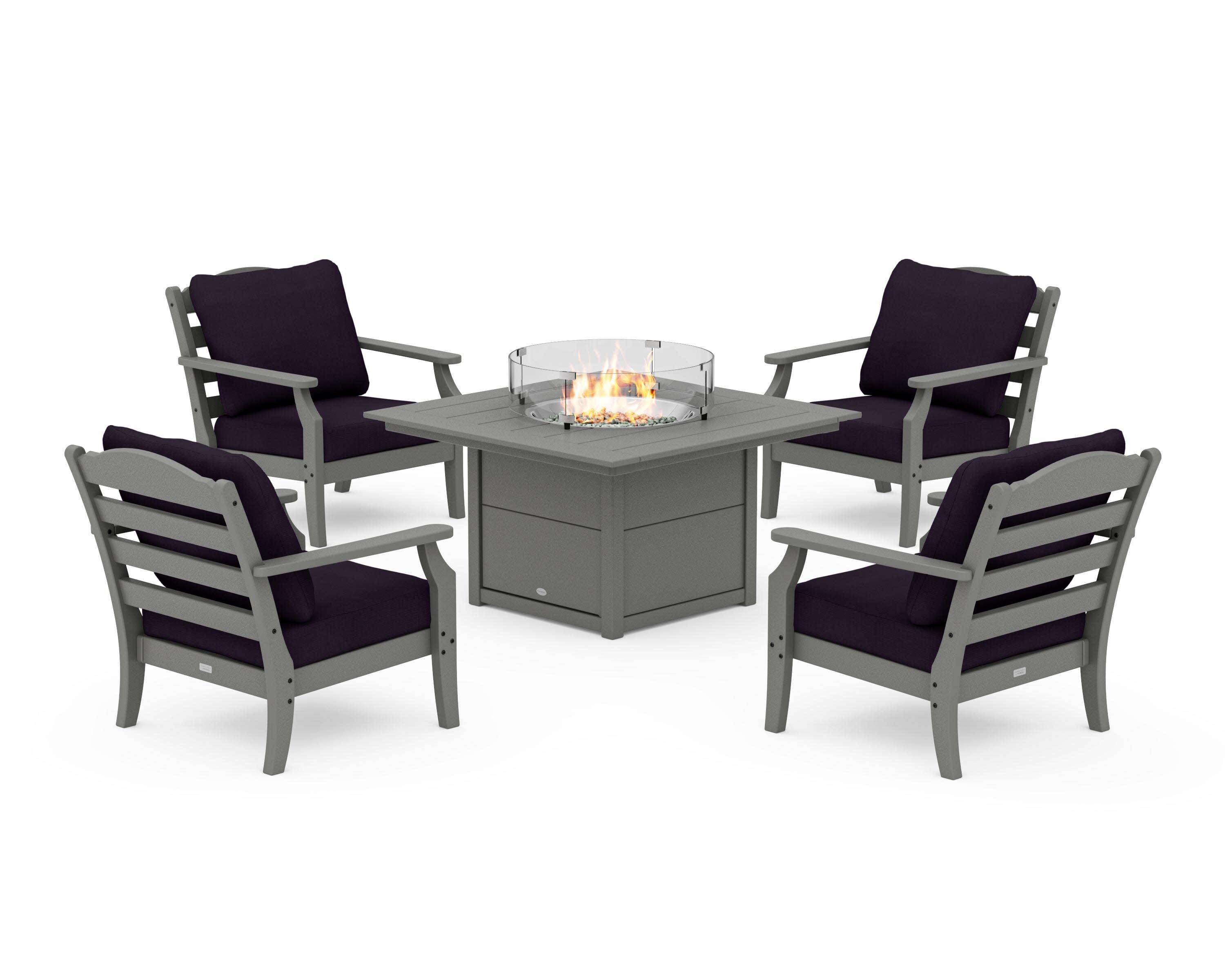 Savannah 5-Piece Deep Seating Set with Fire Pit Table in Slate Grey / Navy Linen