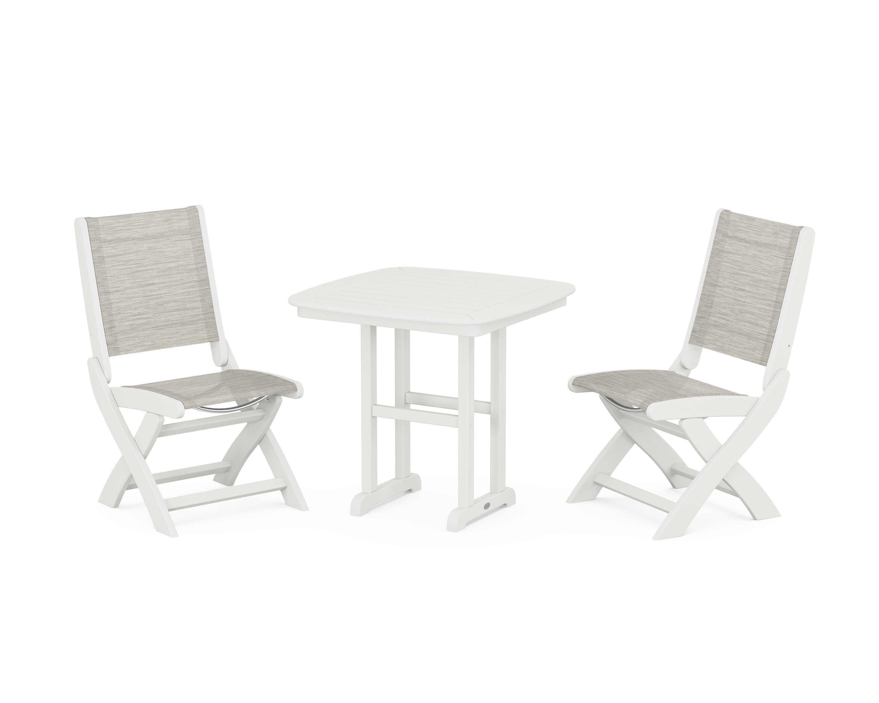 Coastal Folding Side Chair 3-Piece Dining Set in Vintage White / Birch Sling