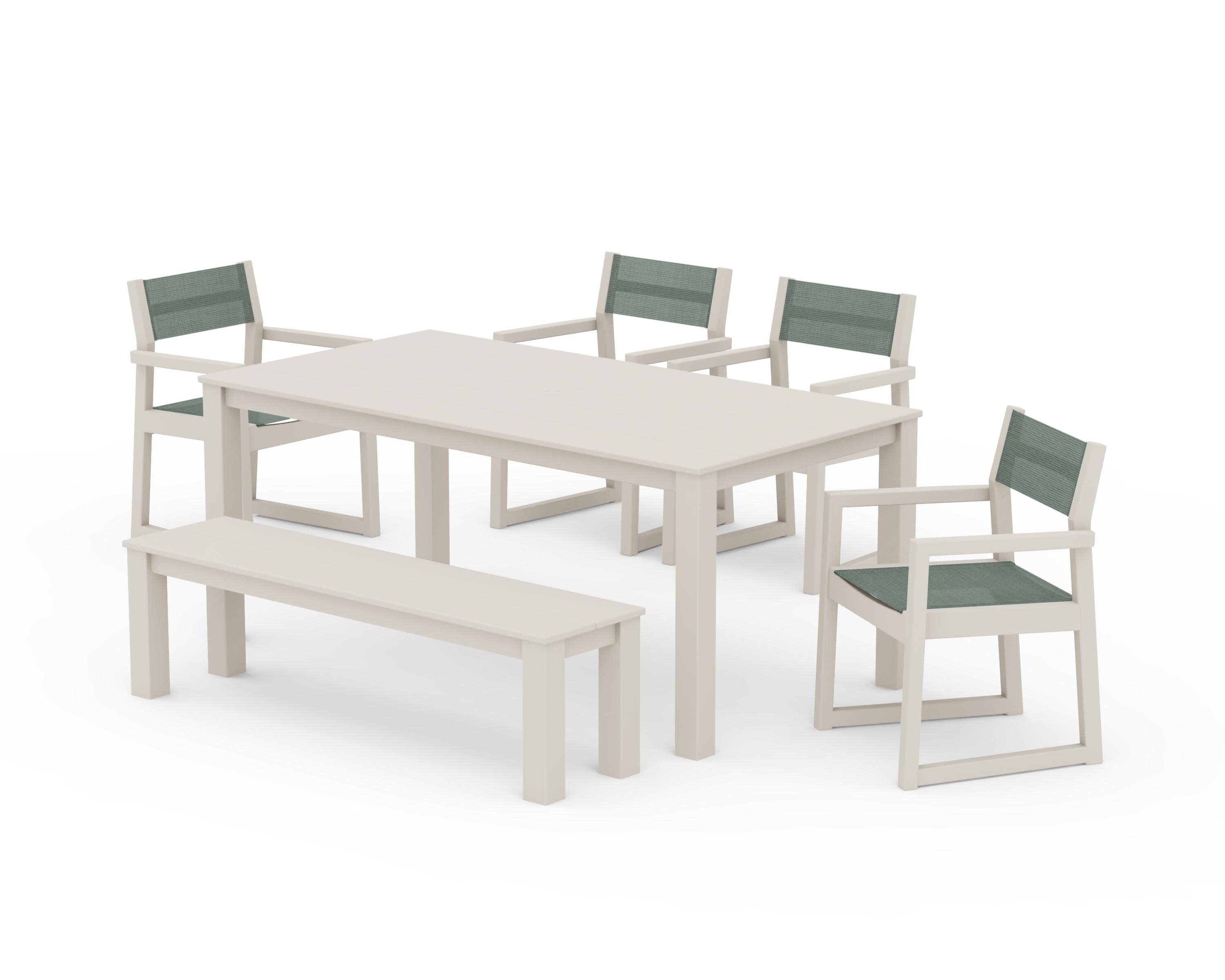EDGE Sling Arm Chair 6-Piece Parsons Dining Set with Bench in Sand / Dupioni Sea Mist Sling