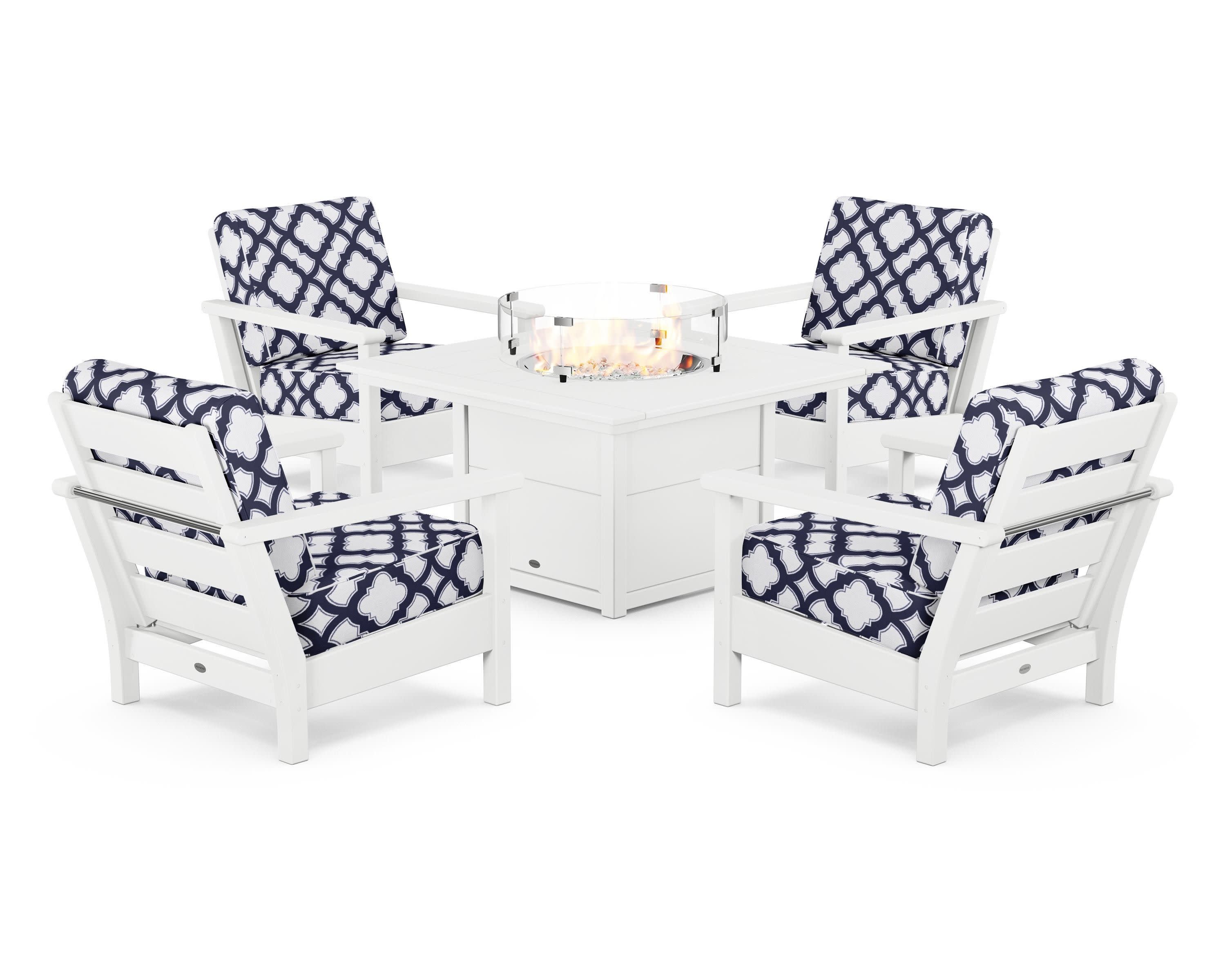 Harbour 5-Piece Conversation Set with Fire Pit Table in White / Trellis Navy