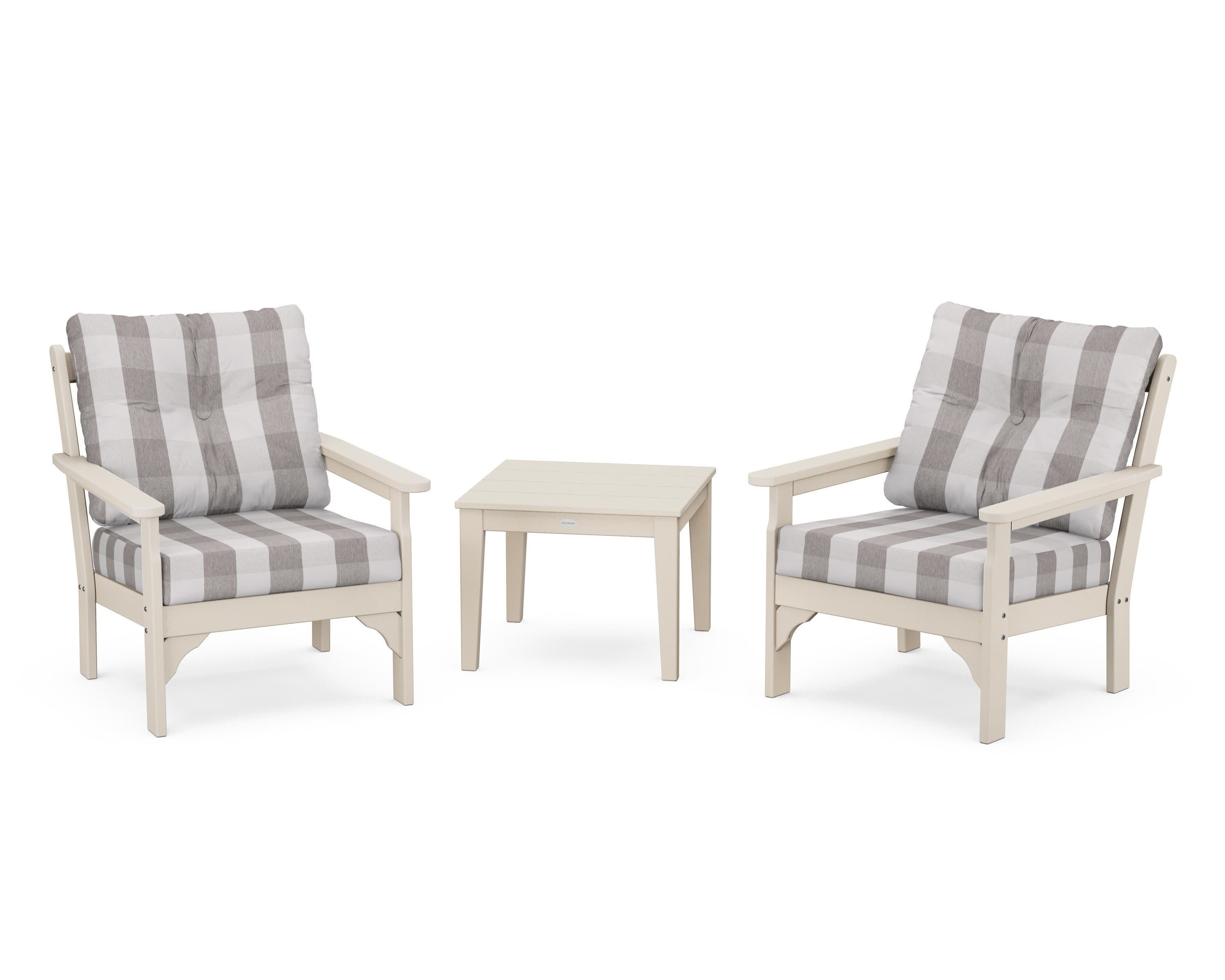 Vineyard 3-Piece Deep Seating Set in Sand / Buffalo Plaid Grey Mist