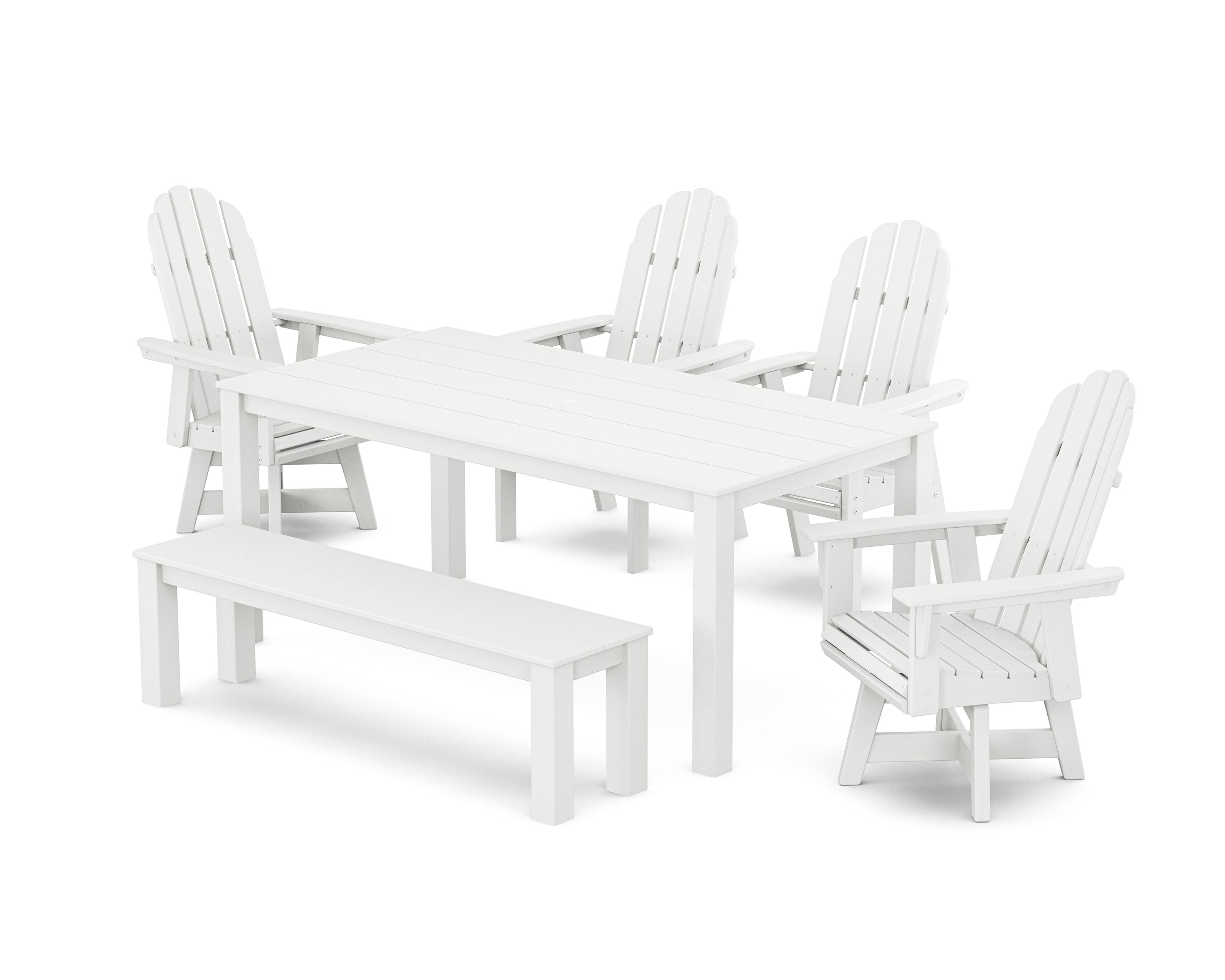 Vineyard Curveback Adirondack 6-Piece Parsons Swivel Dining Set with Bench in White