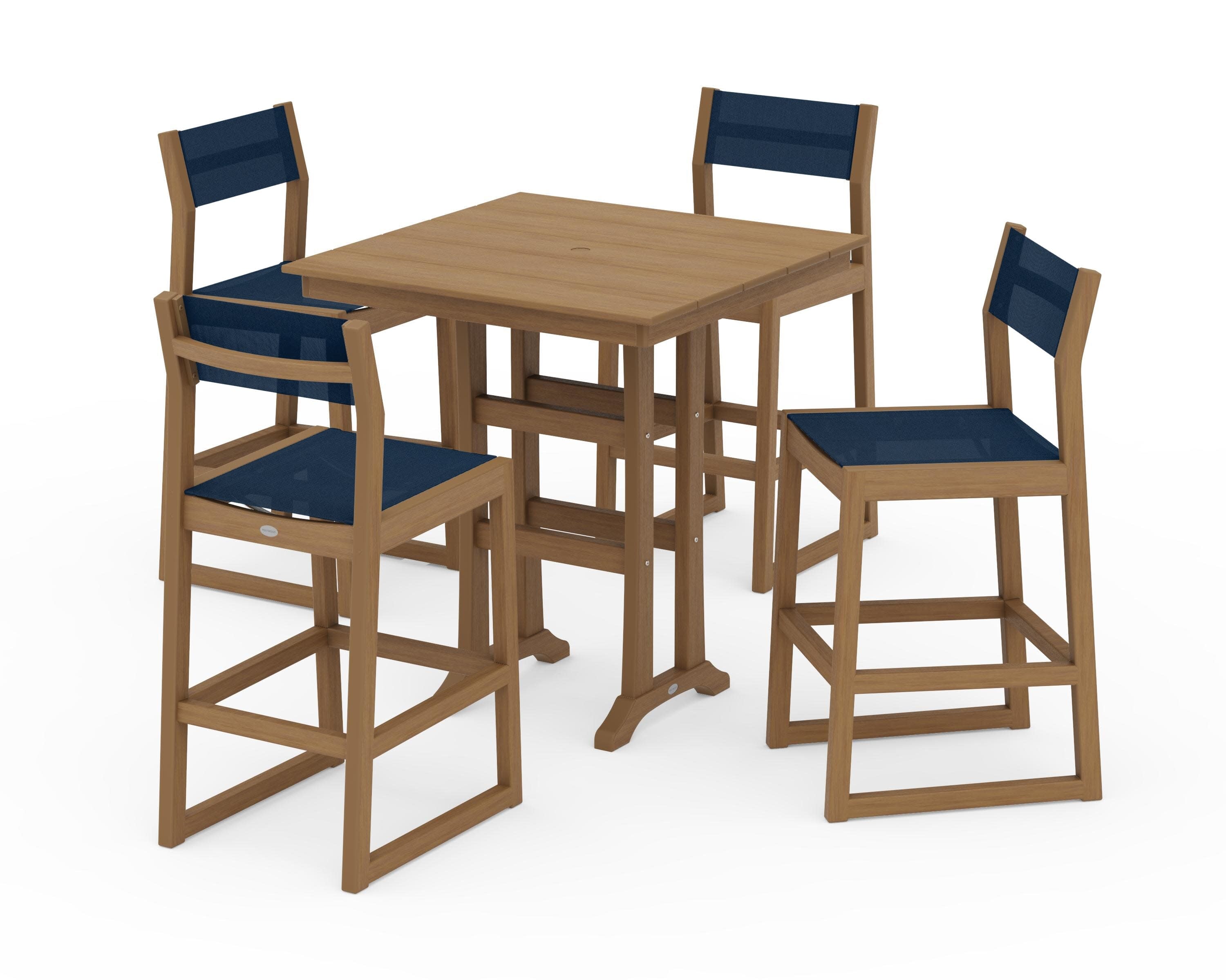 EDGE Sling Arm Chair 5-Piece Farmhouse Bar Set with Trestle Legs in Natural / Navy Blue Sling