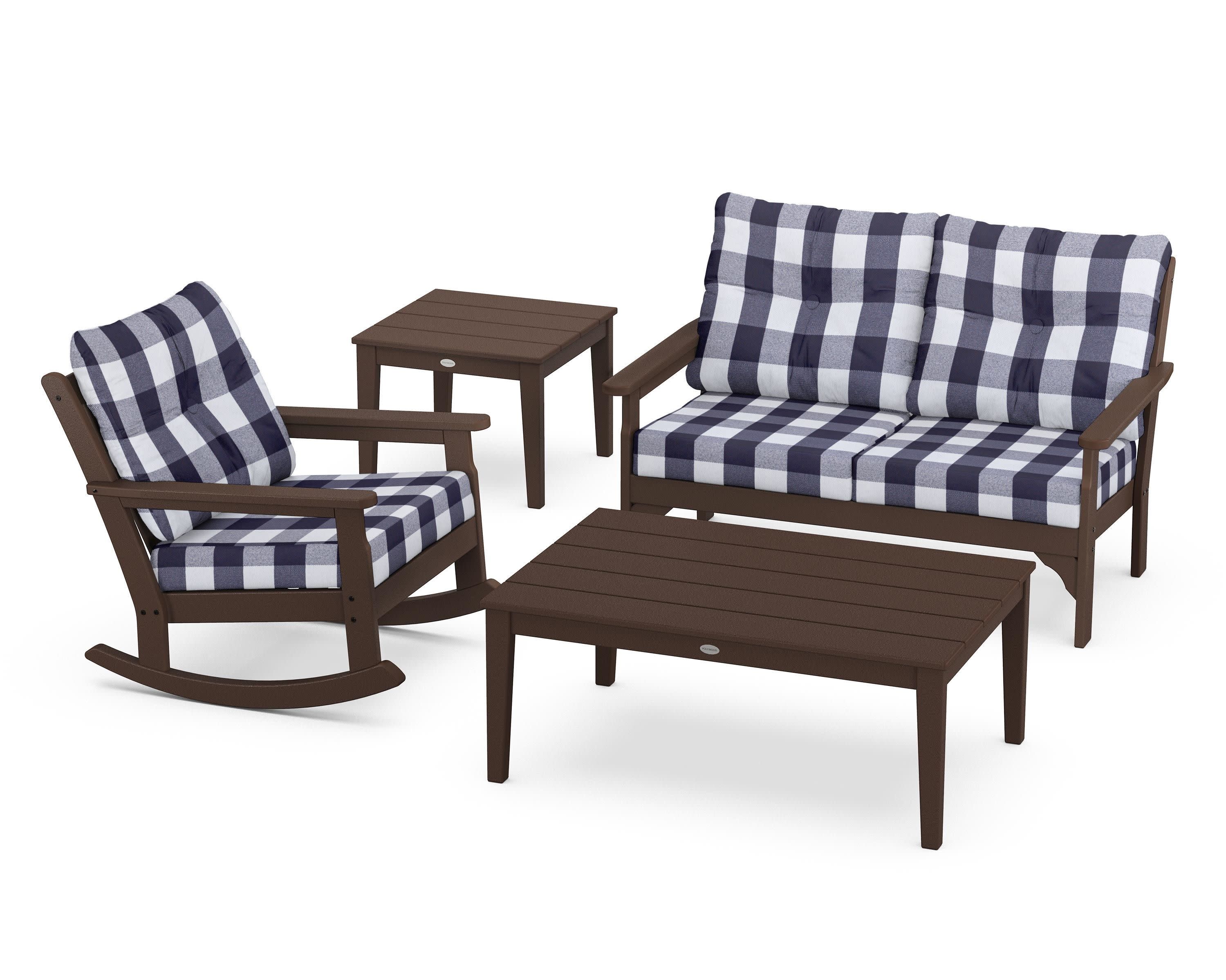Vineyard 4-Piece Deep Seating Rocker Set in Mahogany / Buffalo Plaid Navy
