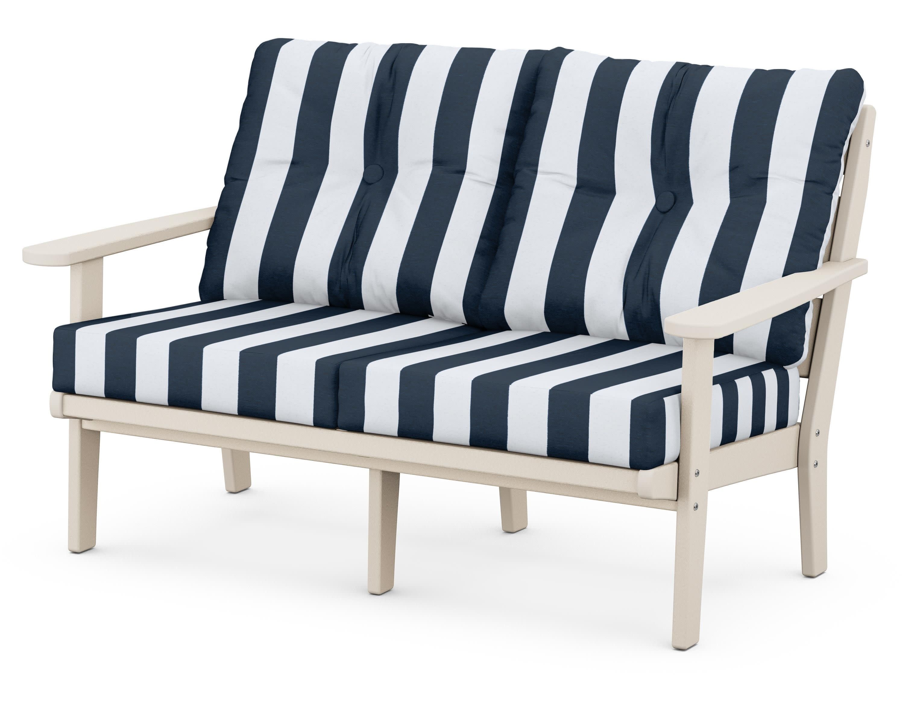 Lakeside Deep Seating Loveseat in Sand / Cabana Stripe Marine Indigo