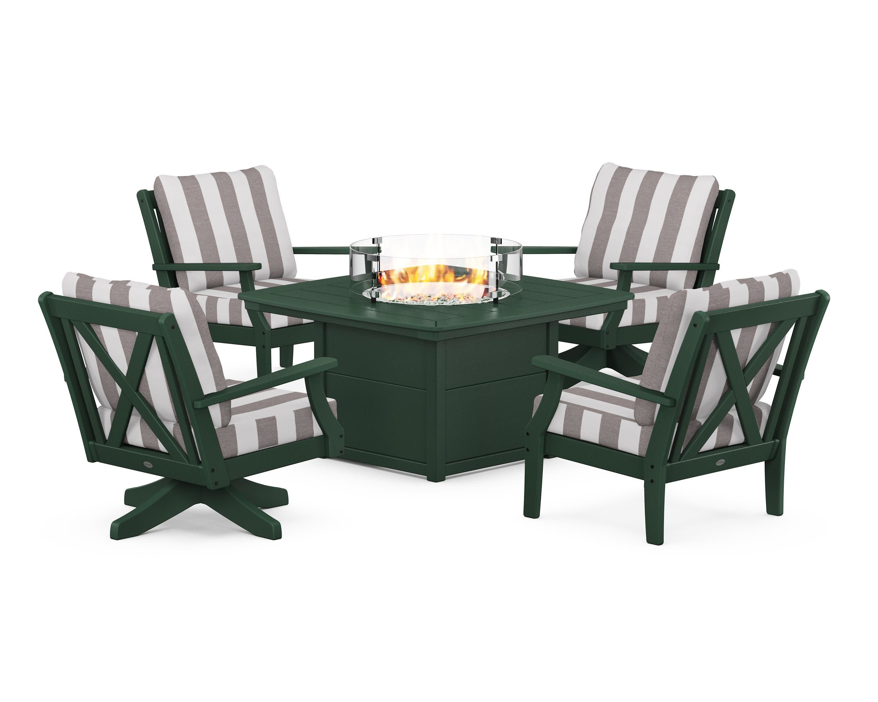 Braxton 5-Piece Deep Seating Set with Fire Table in Green / Cabana Stripe Grey Mist
