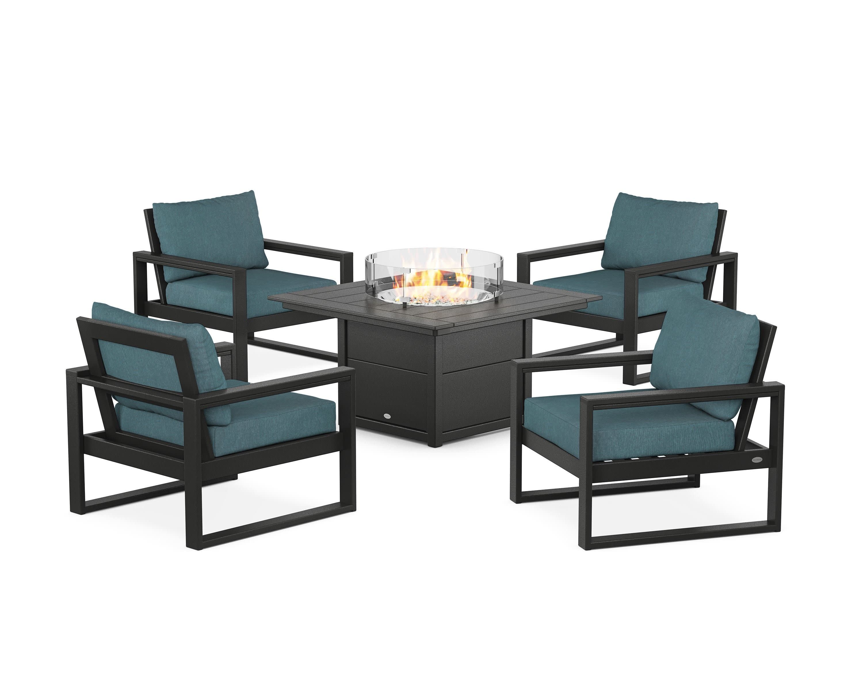 EDGE Sectional 5-Piece Deep Seating Set with Fire Pit Table in Black / Ocean Teal