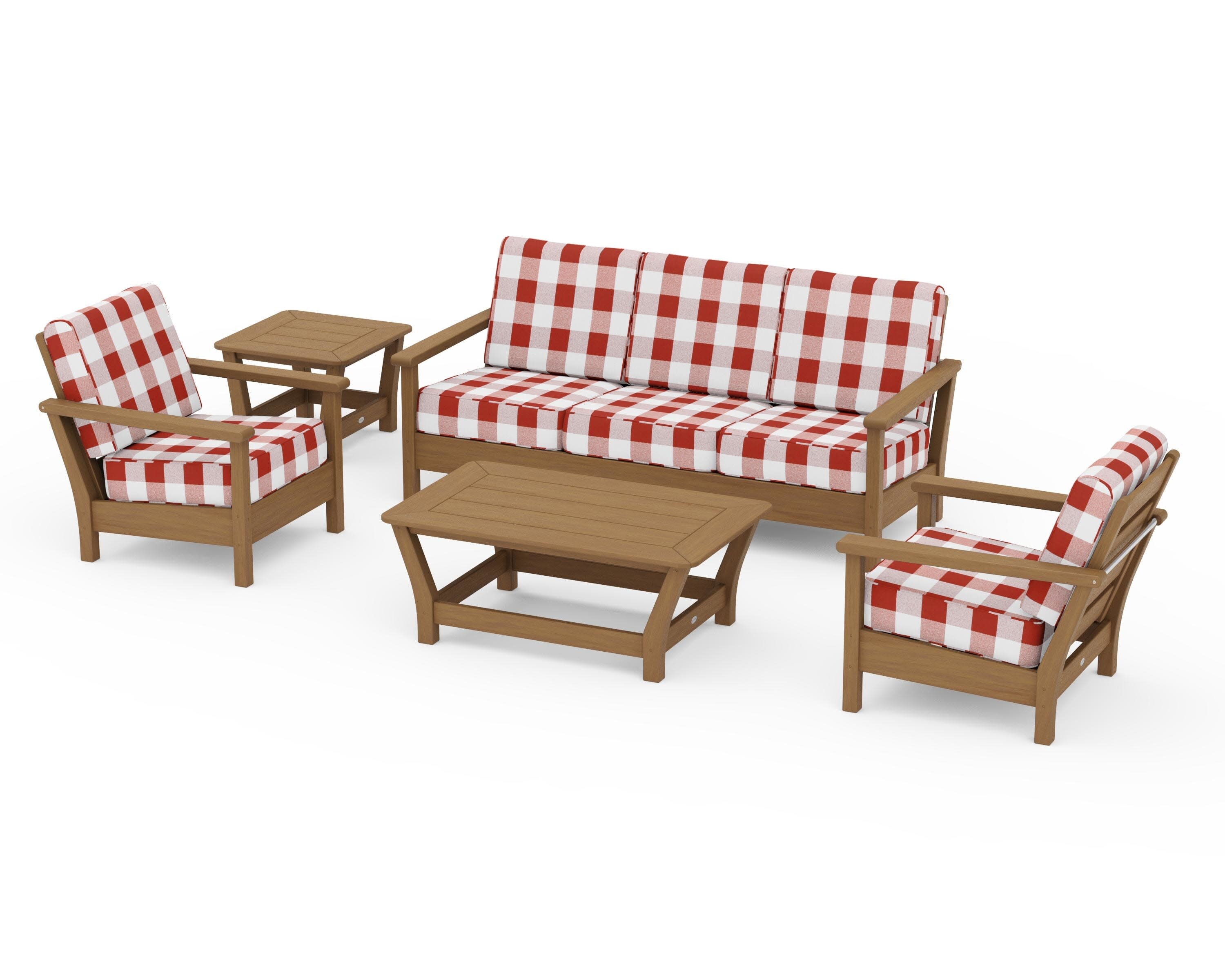 Harbour 5-Piece Deep Seating Set in Natural / Buffalo Plaid Crimson