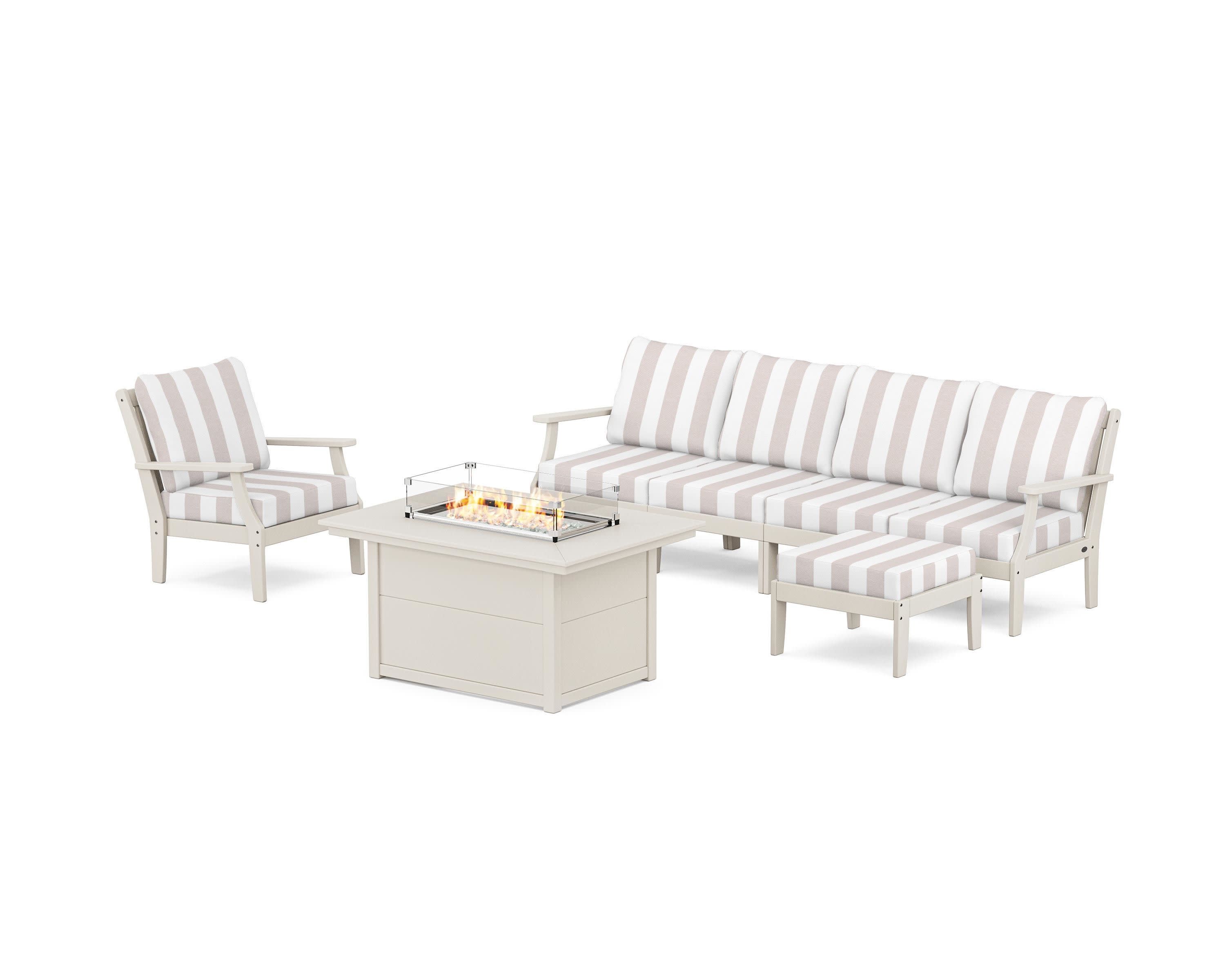 Braxton Sectional Lounge and Fire Pit Set in Sand / Cabana Stripe Dune Burlap