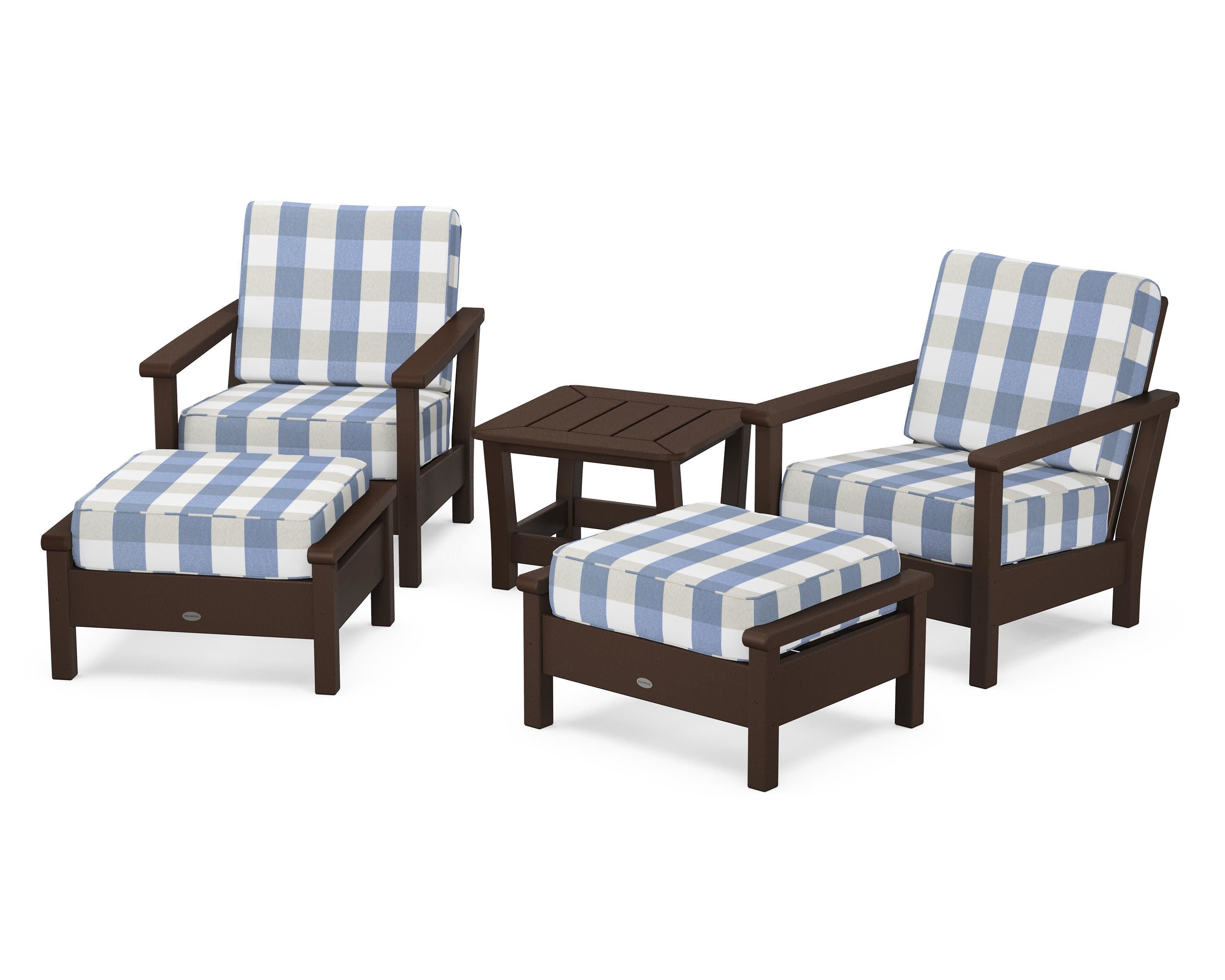 Harbour 5-Piece Deep Seating Chair Set in Mahogany / Buffalo Plaid Sky Blue
