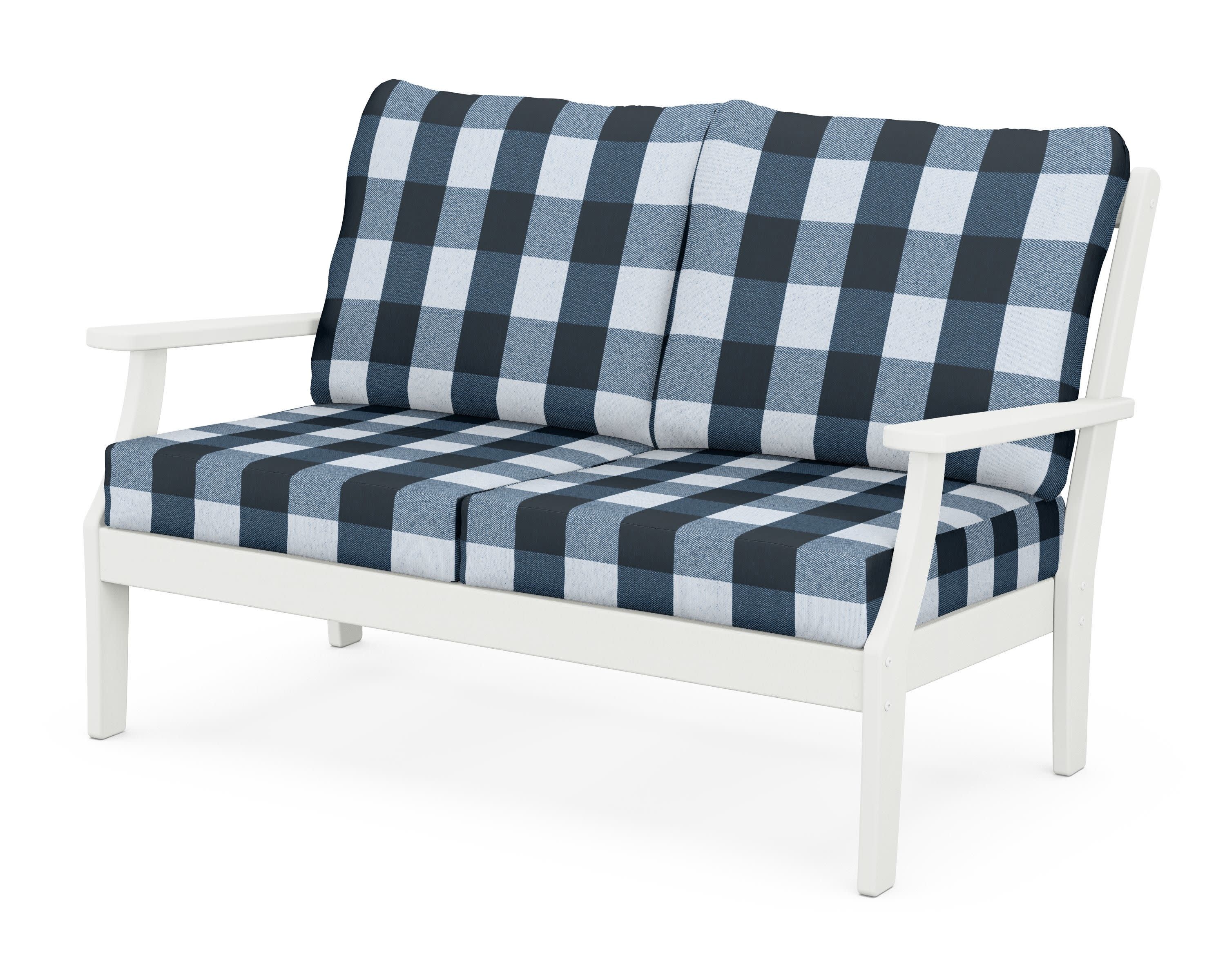 Braxton Deep Seating Loveseat in Vintage White / Buffalo Plaid Marine Indigo
